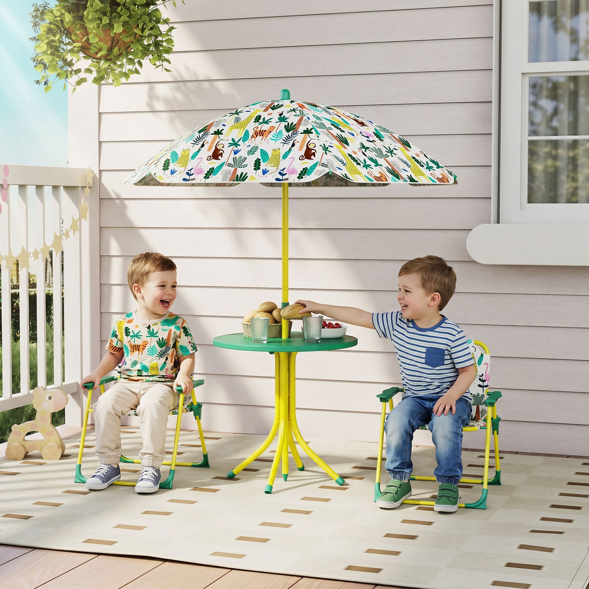 Kids Picnic Table, Kids Table and Chair Set with 2 Folding Chairs and Umbrella for Backyard, Garden, Patio, Green