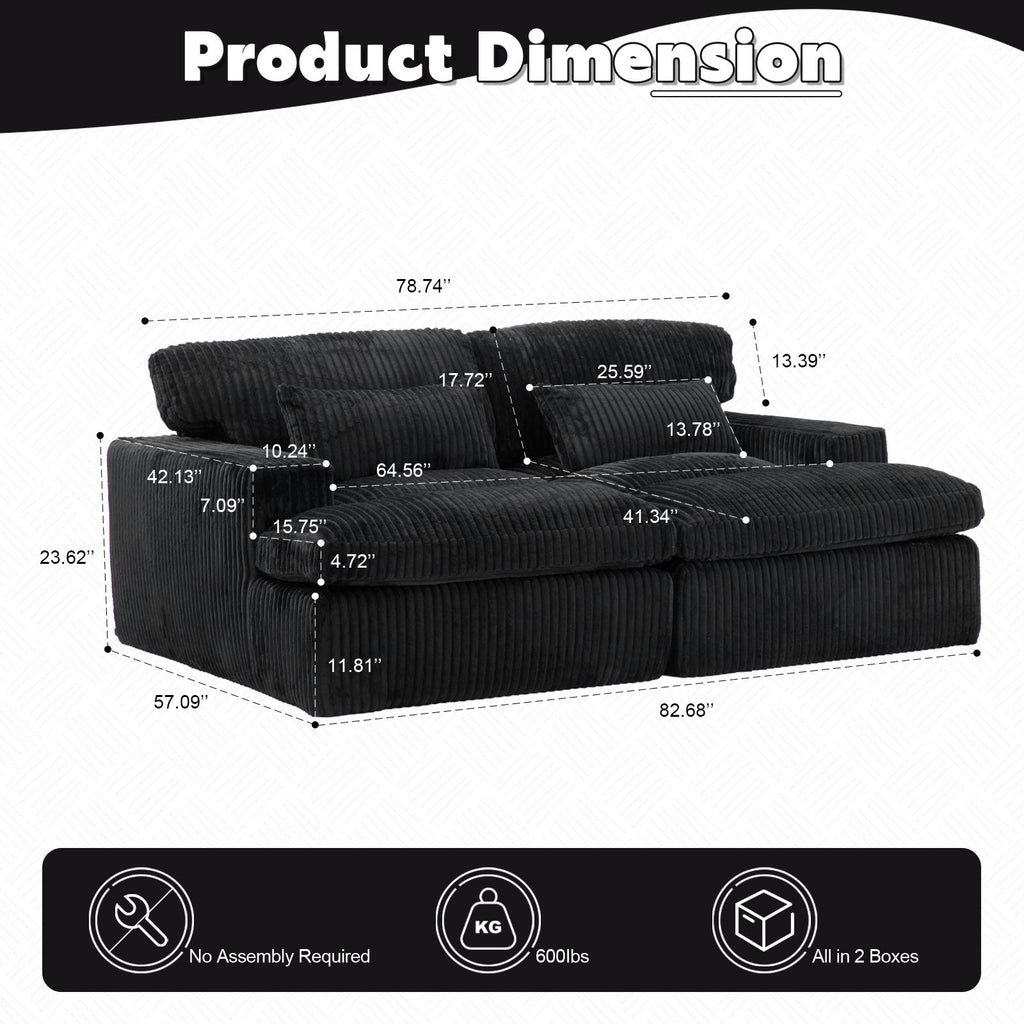 Double Chaise Lounge Chair with Deep Seat and Corduroy Fabric, Sectional Love-seat Perfect for Apartments, 82.5'' L x 57'' W x 23.5'' H, Black