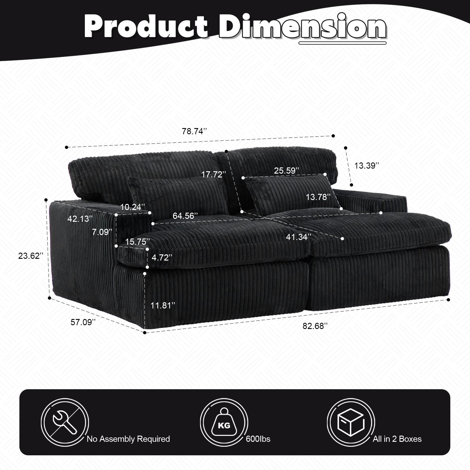 Double Chaise Lounge Chair with Deep Seat and Corduroy Fabric, Sectional Love-seat Perfect for Apartments, 82.5'' L x 57'' W x 23.5'' H, Black