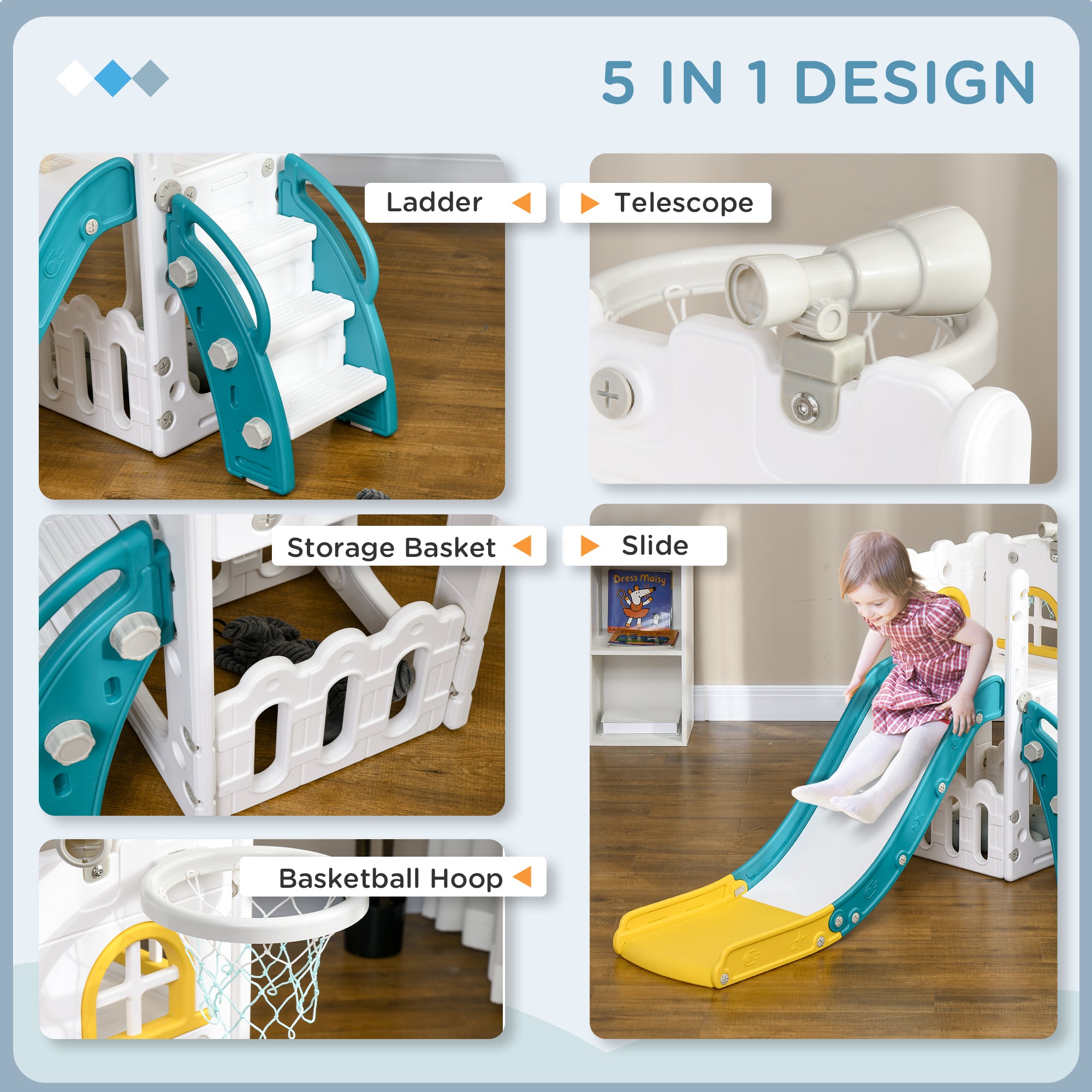 5 in 1 Toddler Slide with Basketball Hoop, Climber, Telescope & Storage Baskets for 1-3 Years Olds, Yellow