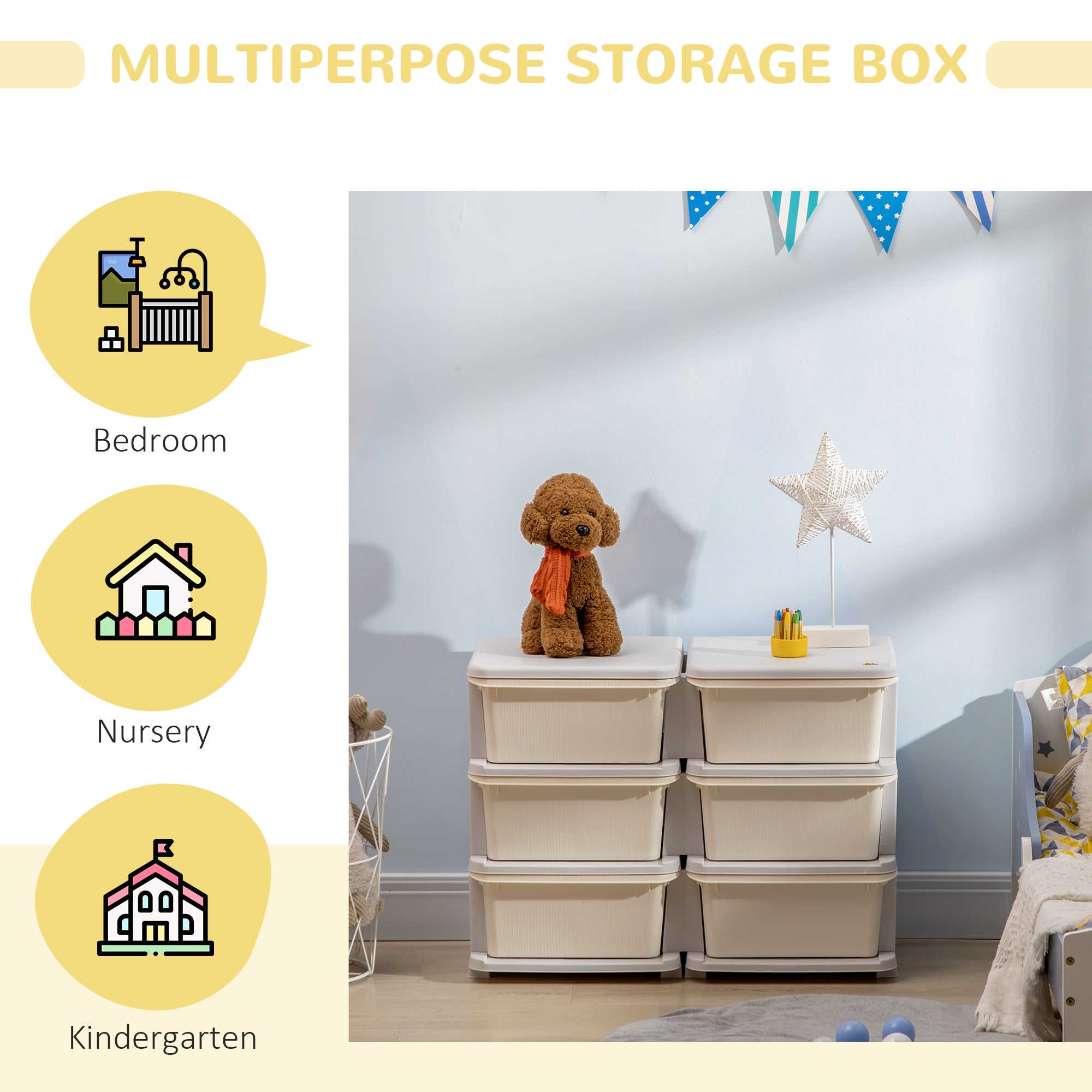 3 Tier Kids Storage Organizer with 6 Drawers for Bedroom, Nursery, Kindergarten, Living Room, Boys and Girls, Cream