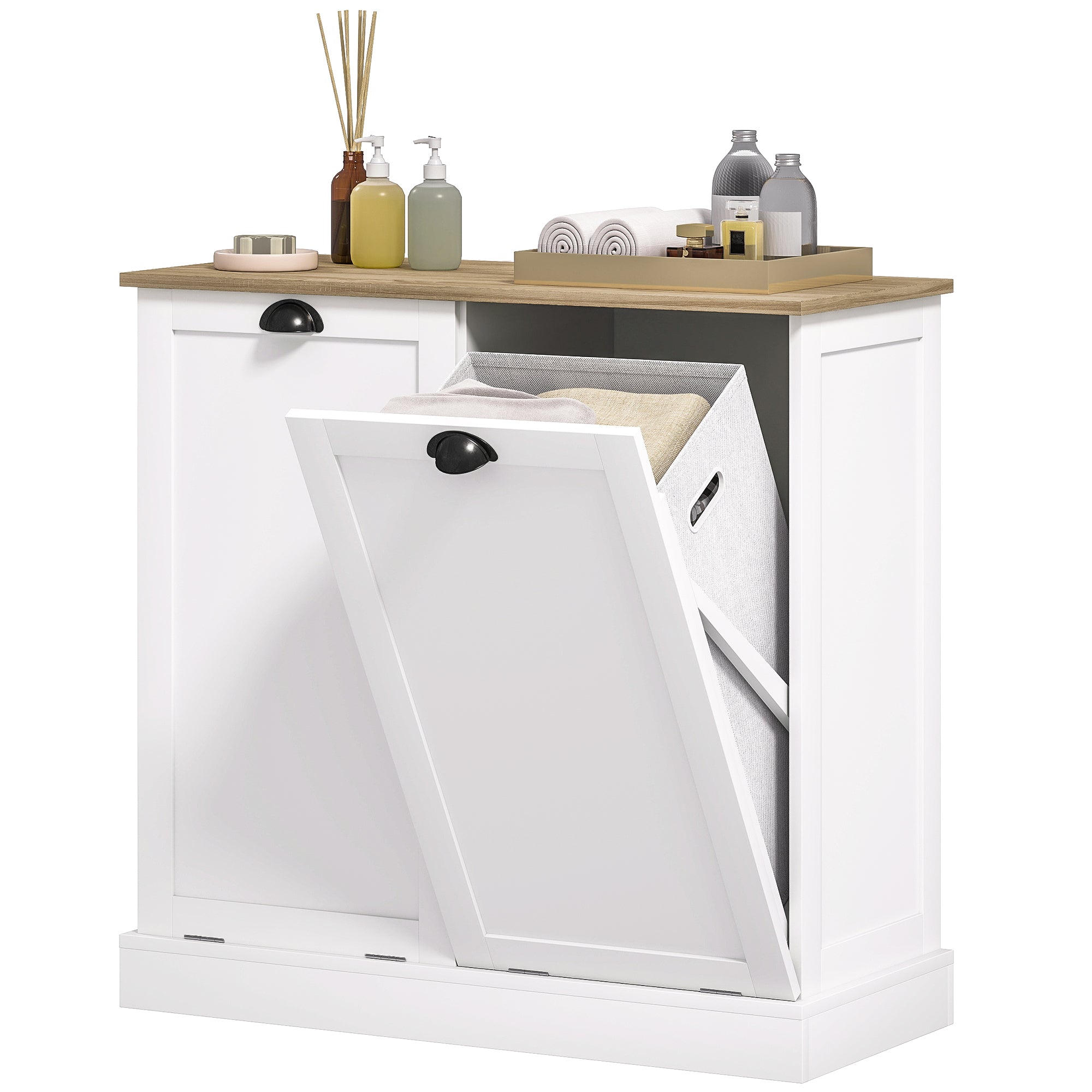 Dual Tilt out Laundry Hamper Cabinet with 2 Removable Basket, Modern Bathroom Storage Cabinet with Shaker Doors and Handles, White