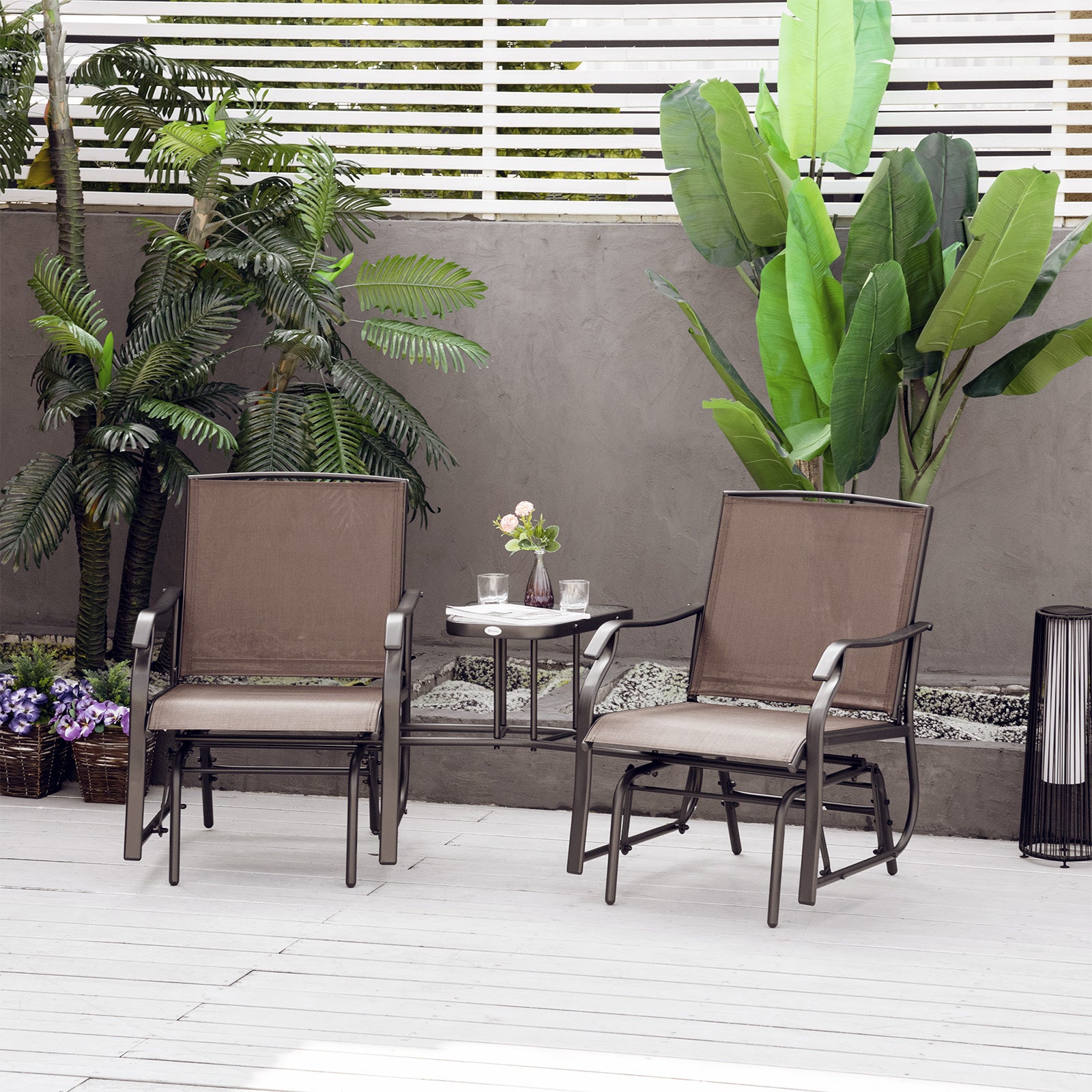 Outdoor Glider Chairs with Coffee Table, Patio 2-Seat Rocking Chair Swing Loveseat with Breathable Sling for Backyard, Garden, and Porch, Coffee Brown