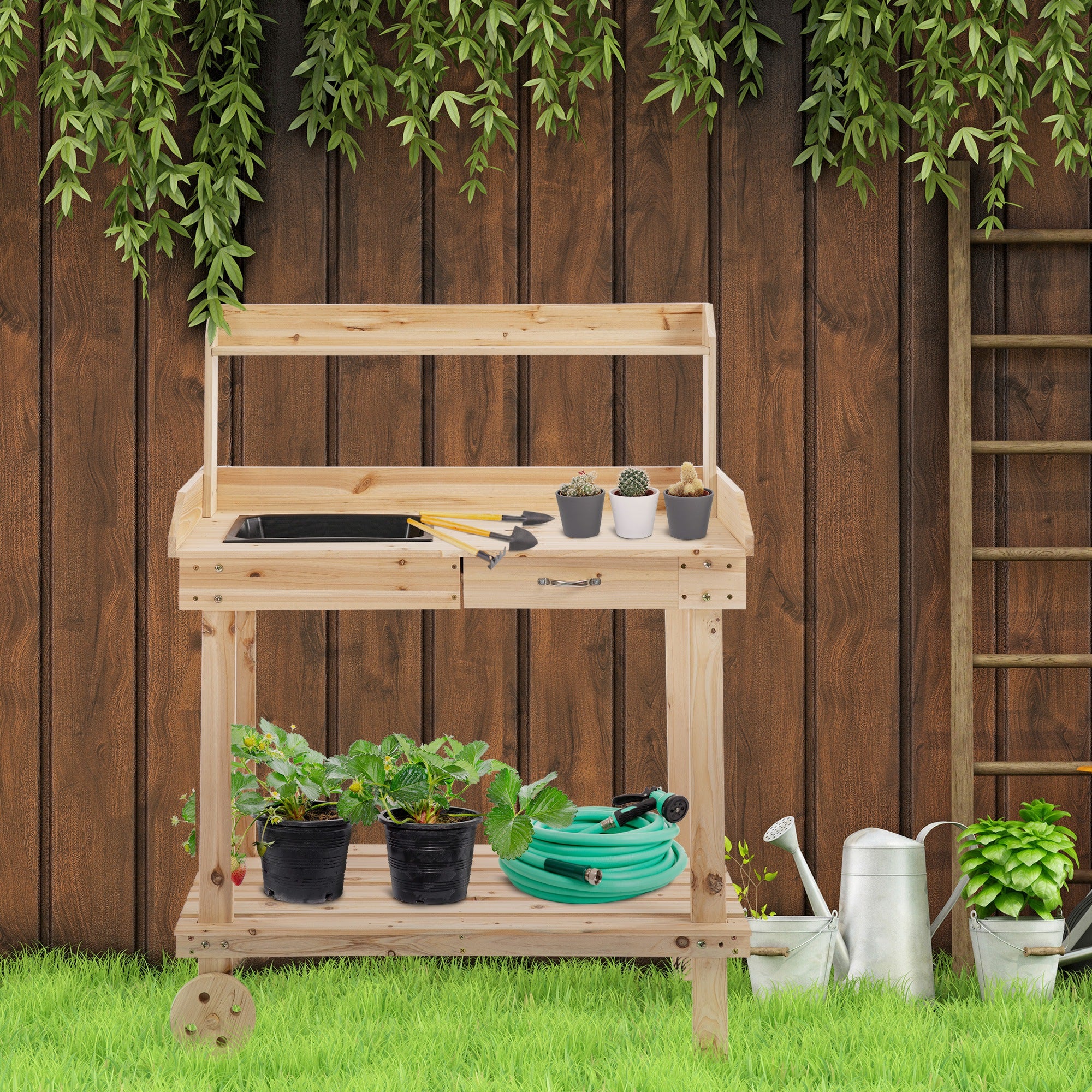 36" Wooden Potting Bench Work Table with 2 Removable Wheels, Garden Workstation with Removable Sink, Drawer & Large Storage Spaces, Natural