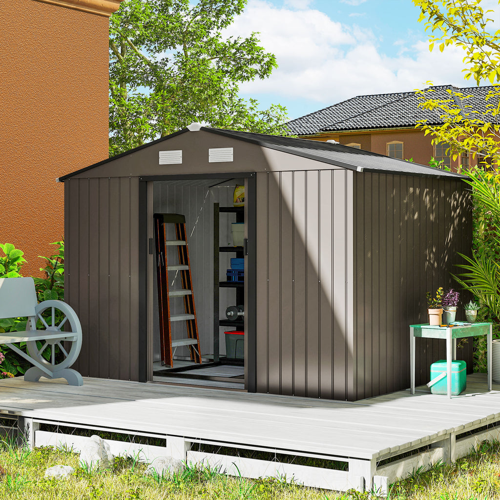Outdoor Shed Garden Storage Shed Tool Storage Building with 4 Vents and 2 Sliding Doors, 9 x 6 FT, Brown
