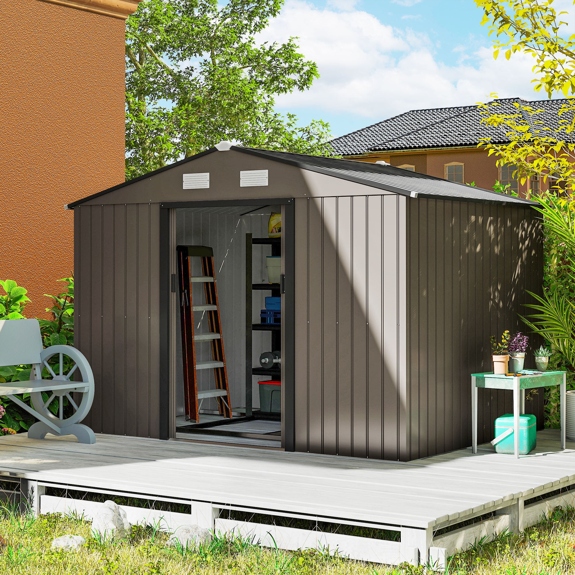 Outdoor Shed Garden Storage Shed Tool Storage Building with 4 Vents and 2 Sliding Doors, 9 x 6 FT, Brown