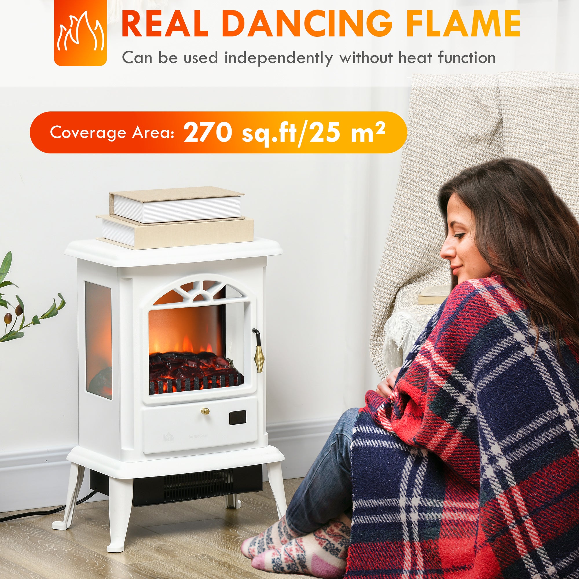 23" Electric Infrared Fireplace Stove, Freestanding Fire Place Heater with Realistic Log Flame, Adjustable Temperature, Timer, 1000W/1500W, White