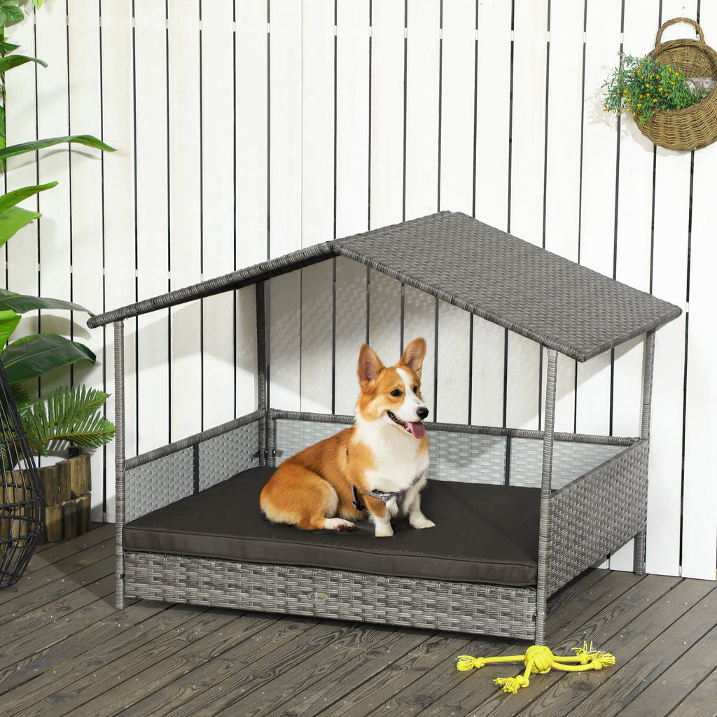 Outdoor Dog Bed with Canopy, Rattan Dog Bed with Soft Cushion Removable Cover for Medium and Large Dogs, Charcoal Gray
