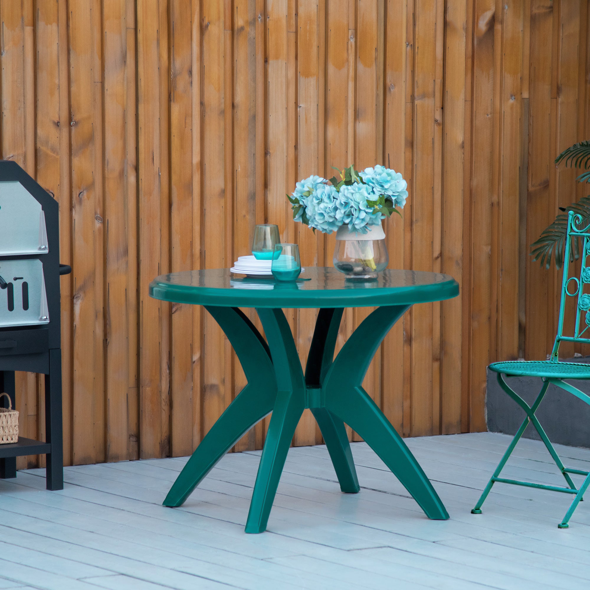 36.25" Dia Round Plastic Patio Table with Umbrella Hole, Outdoor Bistro Dining Table, for Bar, Garden, Backyard, Poolside, Yard, Green
