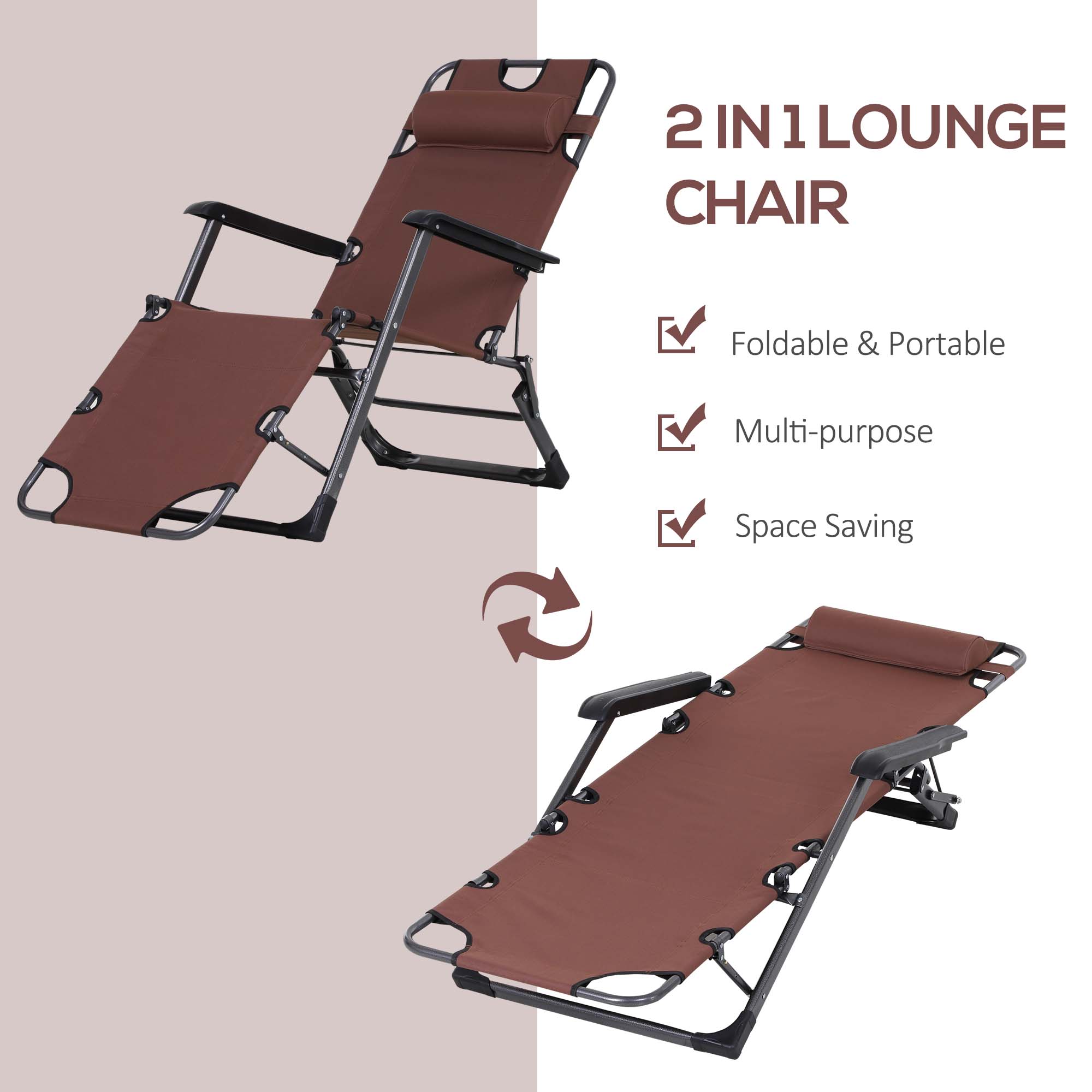 Oxford Fabric Metal Frame Outdoor Pool Sun Lounger Lounge Chair 120°/180°, Brown