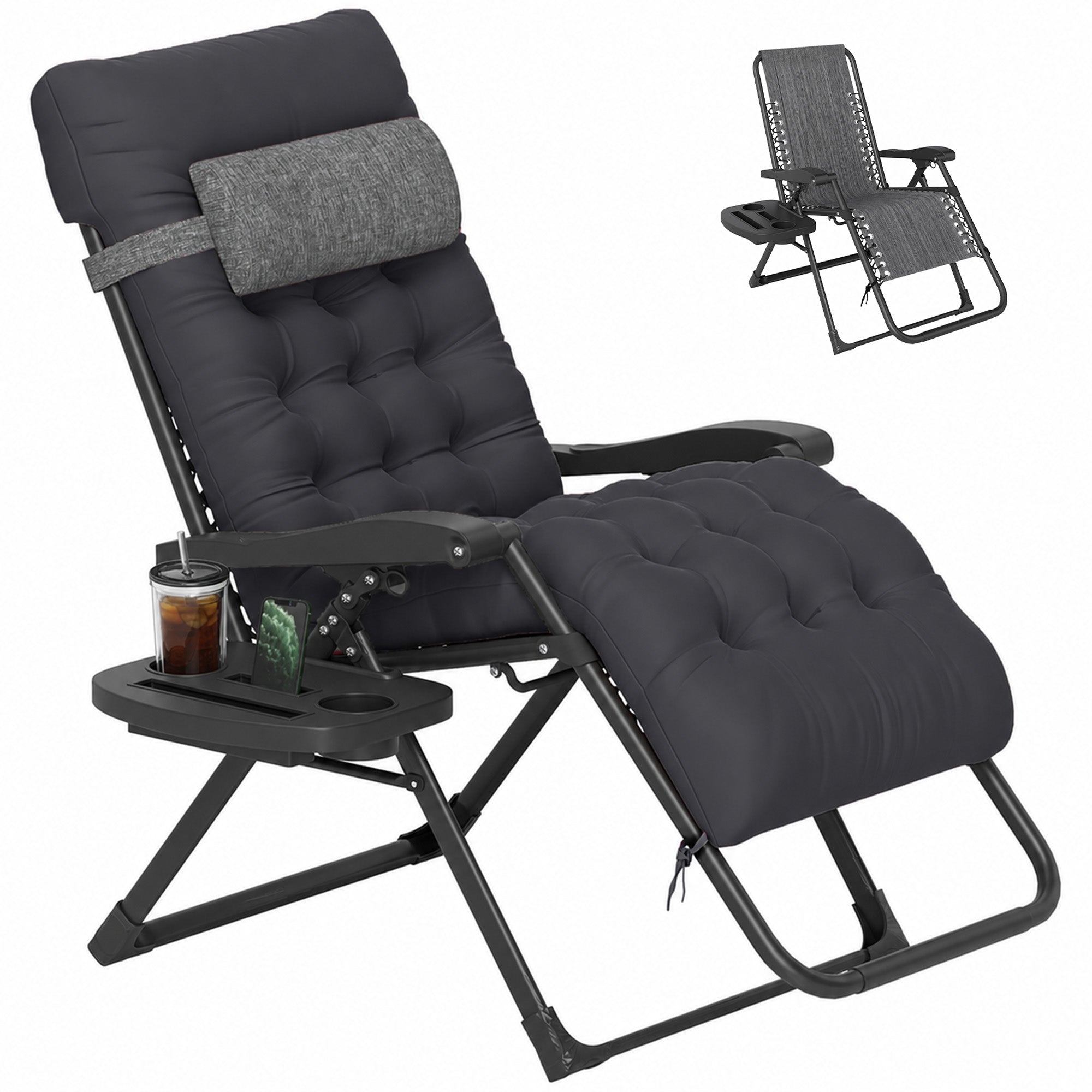 Padded Zero Gravity Chair, Folding Recliner Chair with Cup Holder Cushion, Black