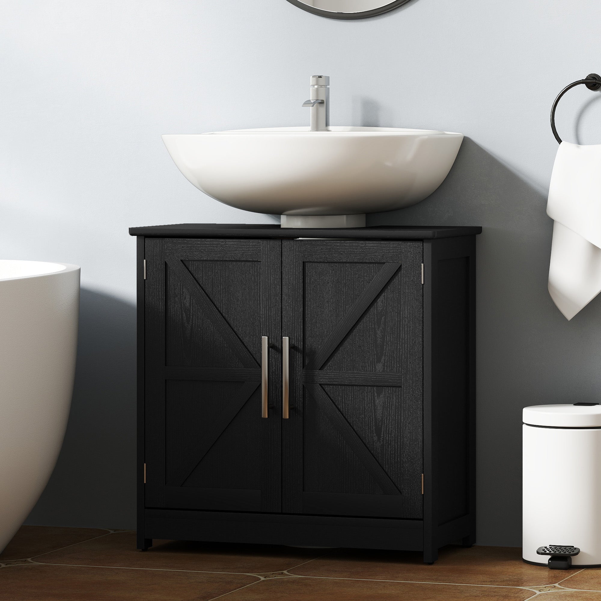 Farmhouse Pedestal Sink Storage Cabinet, Bathroom Sink Cabinet with 2 Barn Doors and Adjustable Shelf, Distressed Black