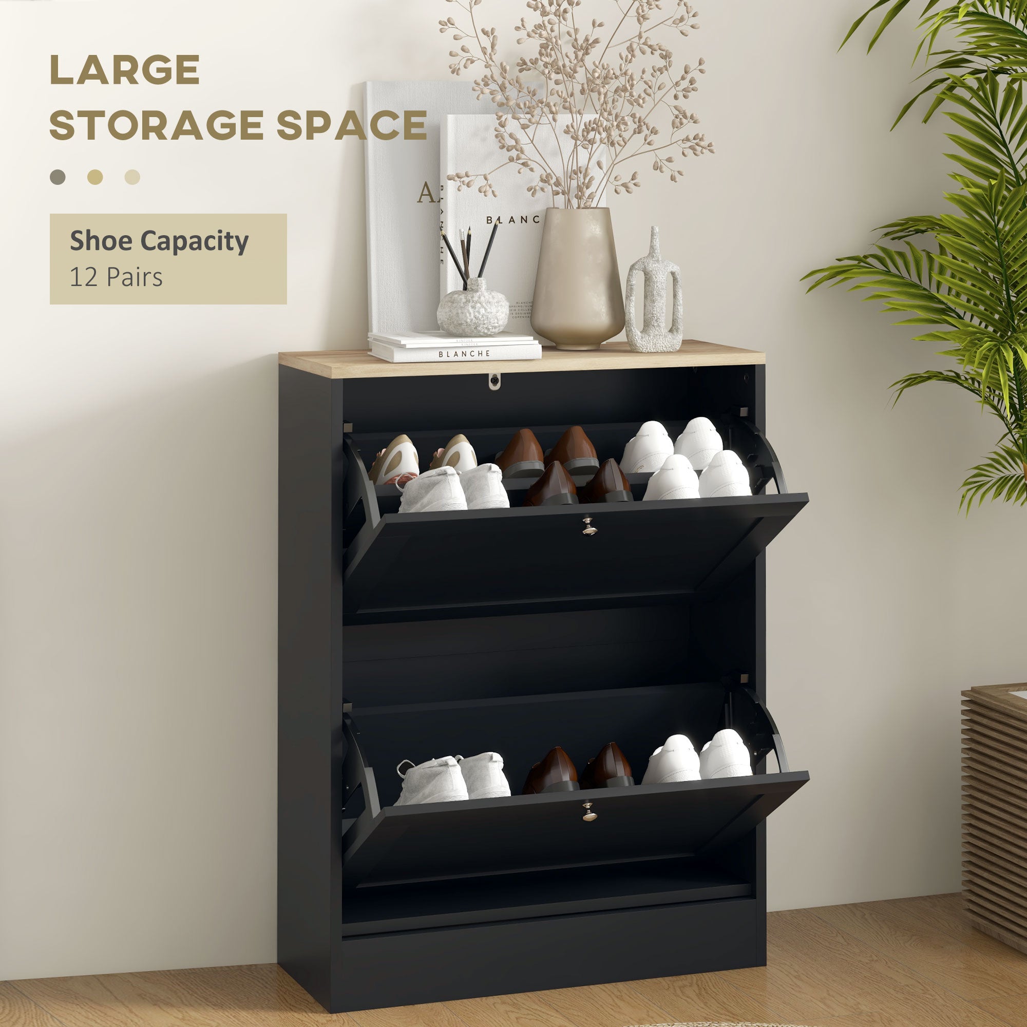 Slim Shoe Storage Cabinet, Modern Shoe Cabinet with 2 Flip Drawers and Adjustable Shelves for 8-12 Pairs, Black