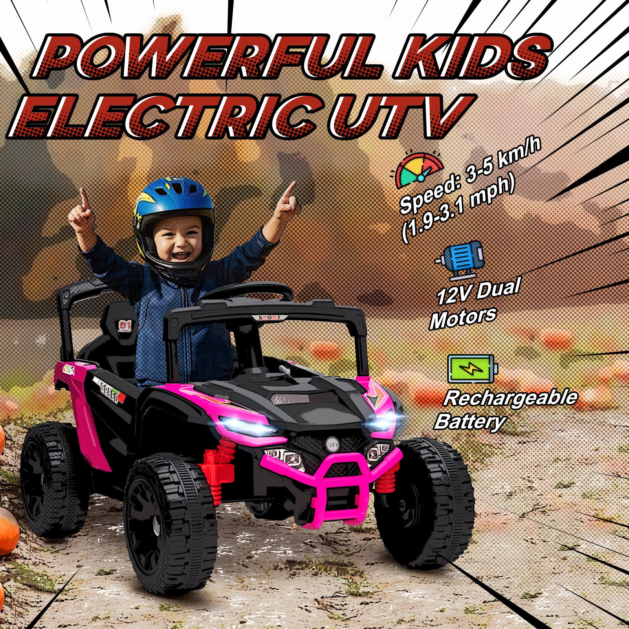 12V Kids Ride On Truck, Battery Powered Electric UTV Vehicle with Rear Suspension, Remote Control for 3-5 Years, Pink