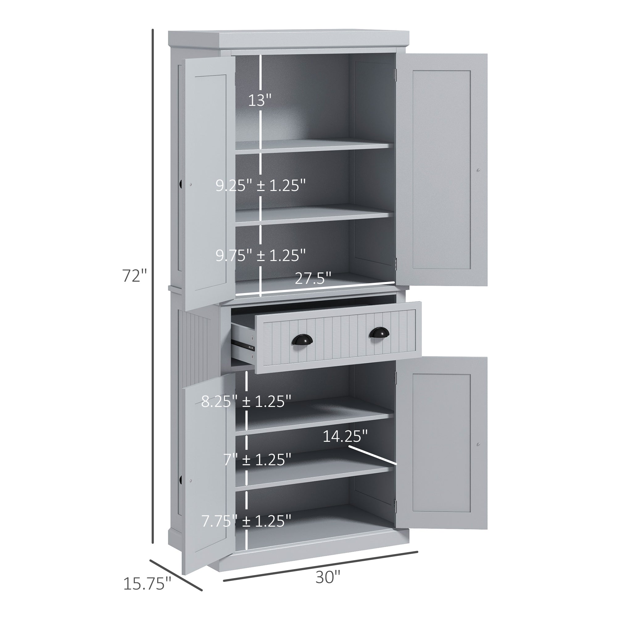 72" Traditional Kitchen Pantry Cabinet, Freestanding Tall Storage Cabinet with 4 Doors, Drawer and 3 Adjustable Shelves for Dining Room, Gray