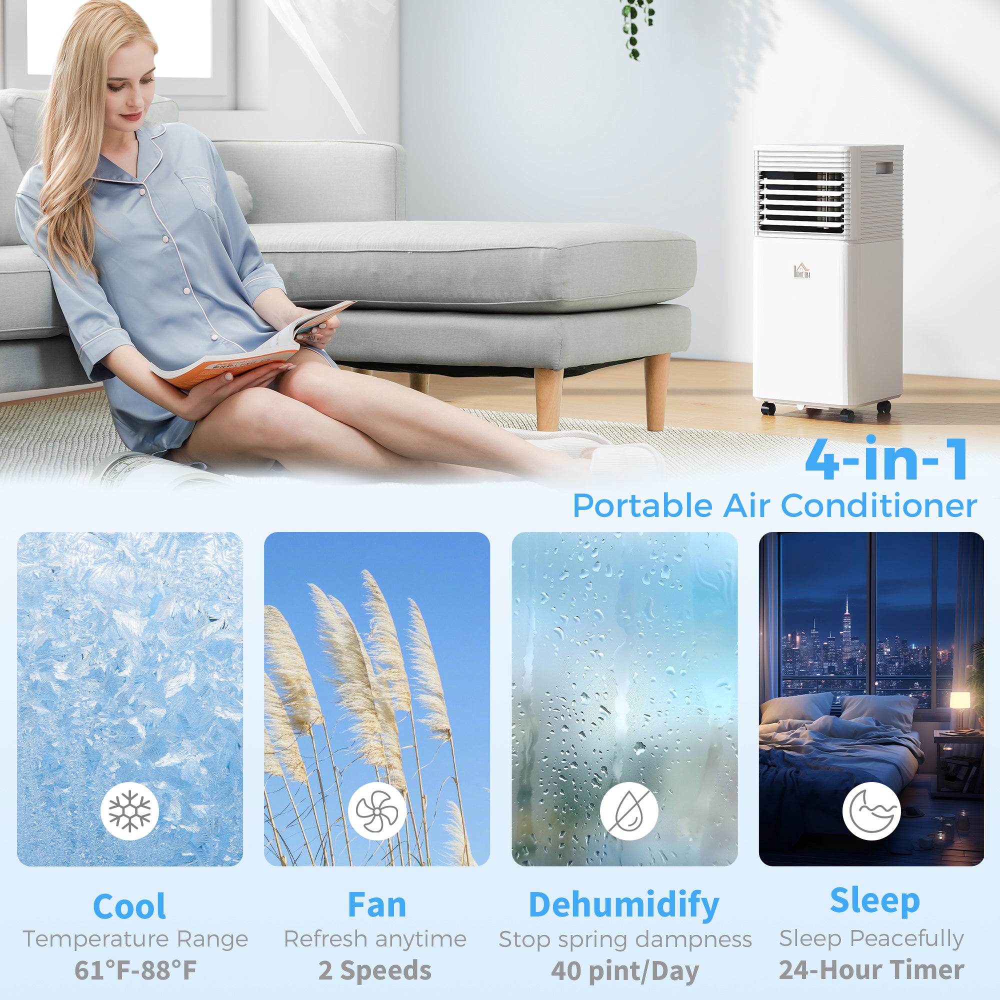 8000 BTU Mobile Air Conditioner for Cooling and Dehumidifying, Remote Control, 24H Timer, LED Display, White