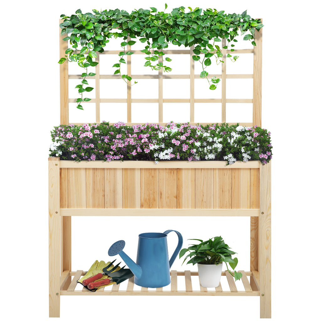 47" Wooden Raised Garden Bed with Trellis, Coutryside Style Elevated Planter Box Stand with Open Storage Shelf, Spacious Planting Area for Vegetables, Herbs, Flowers