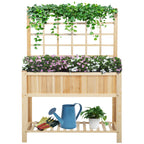 47" Wooden Raised Garden Bed with Trellis, Coutryside Style Elevated Planter Box Stand with Open Storage Shelf, Spacious Planting Area for Vegetables, Herbs, Flowers