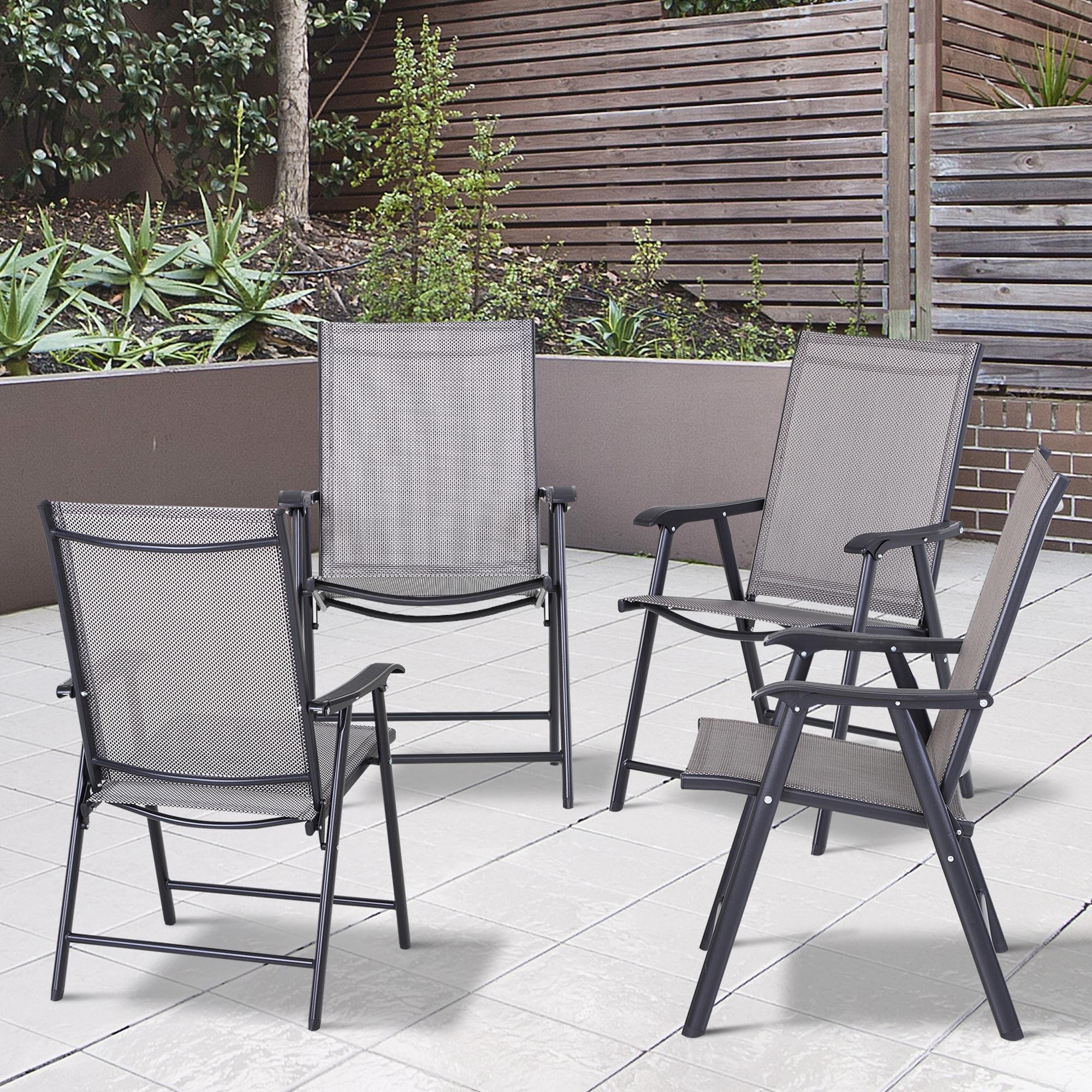 Set of 4 Outdoor Folding Chairs, Stackable Patio Dining Chairs with Armrests, Metal Frame, Gray