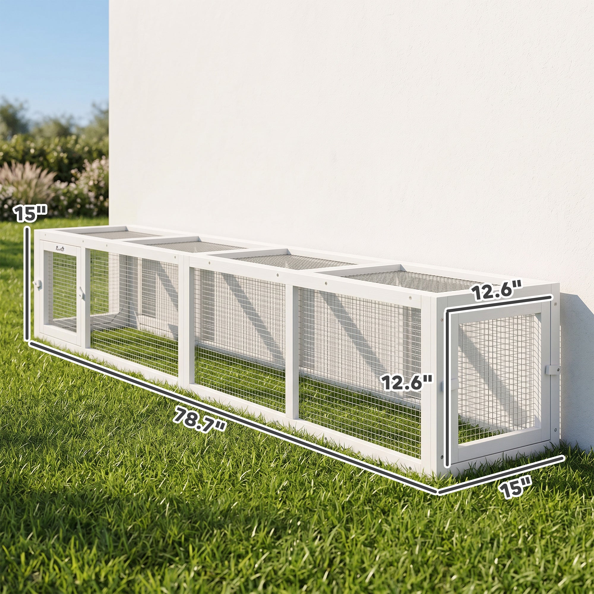 Wooden Cat Run with Weather Protection, Connecting Inside and Outside, 79"L x 15"W x 15"H, White