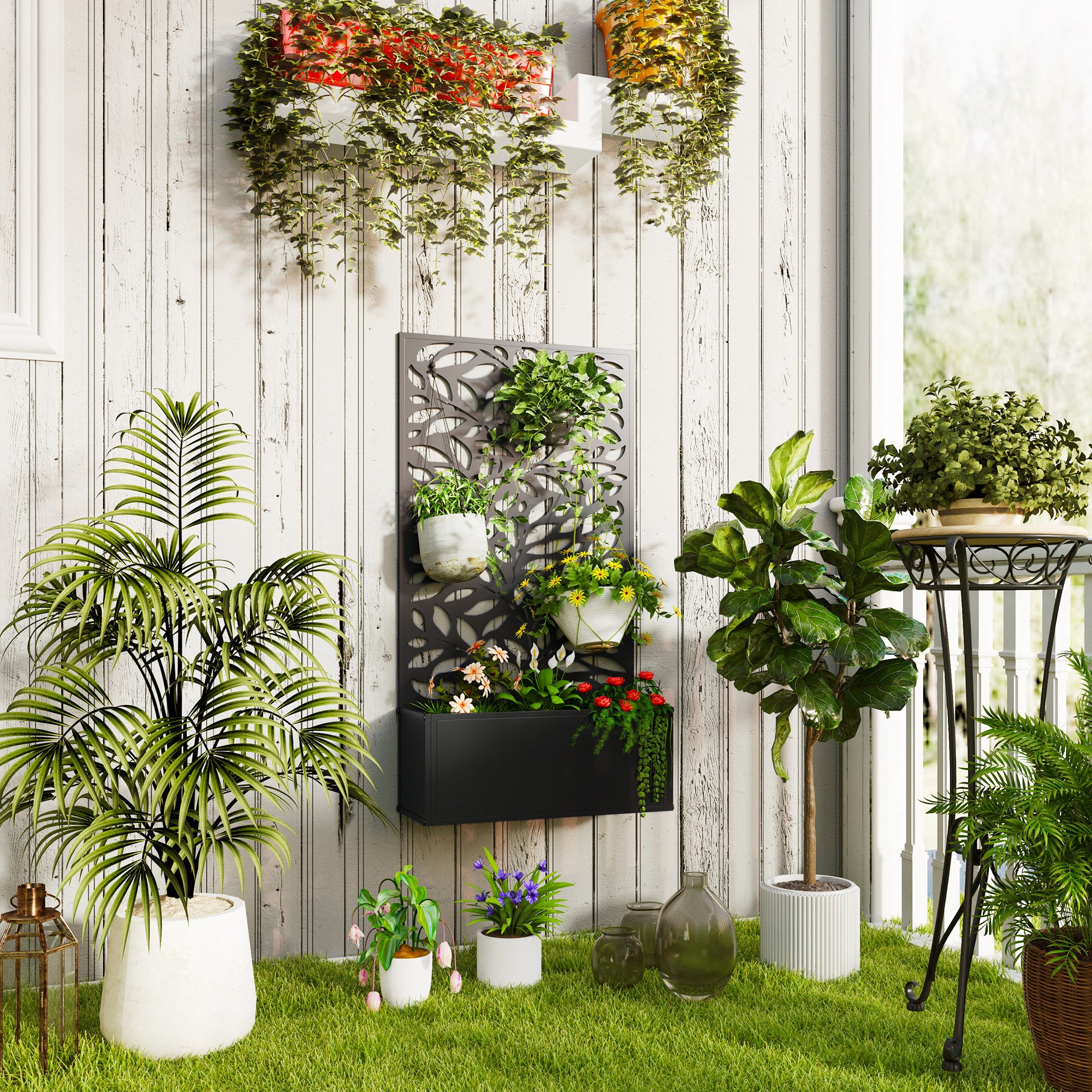 Metal Garden Bed with Trellis for Climbing Plants, Freestanding or Wall Mounted Flower Bed for Garden, Patio, Balcony