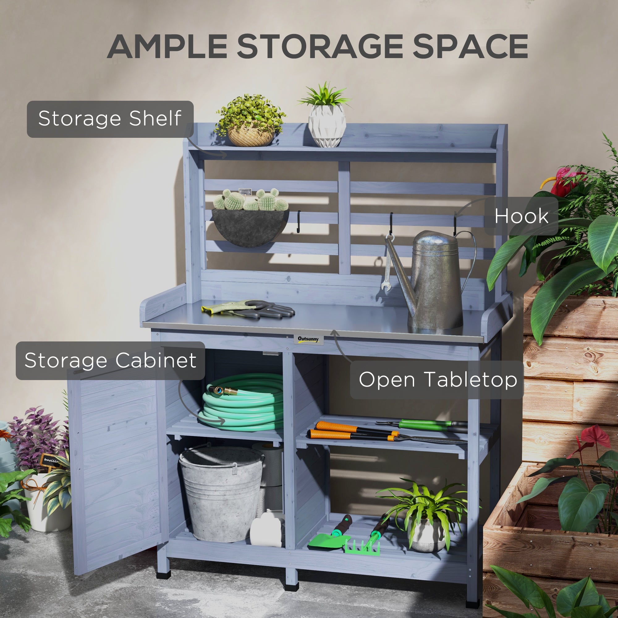 Wooden Potting Bench with Storage, Aluminum Tabletop for Backyard, Patio, Balcony, Gray