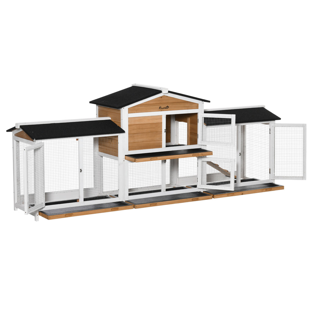 90.5" Wooden Rabbit Hutch Bunny Cage Pet Playpen House Enclosure with Double Side Run Boxes, No Leak Tray, Ramp, for Rabbits, Chickens, Ducks, Guinea Pig and Small Animals, White