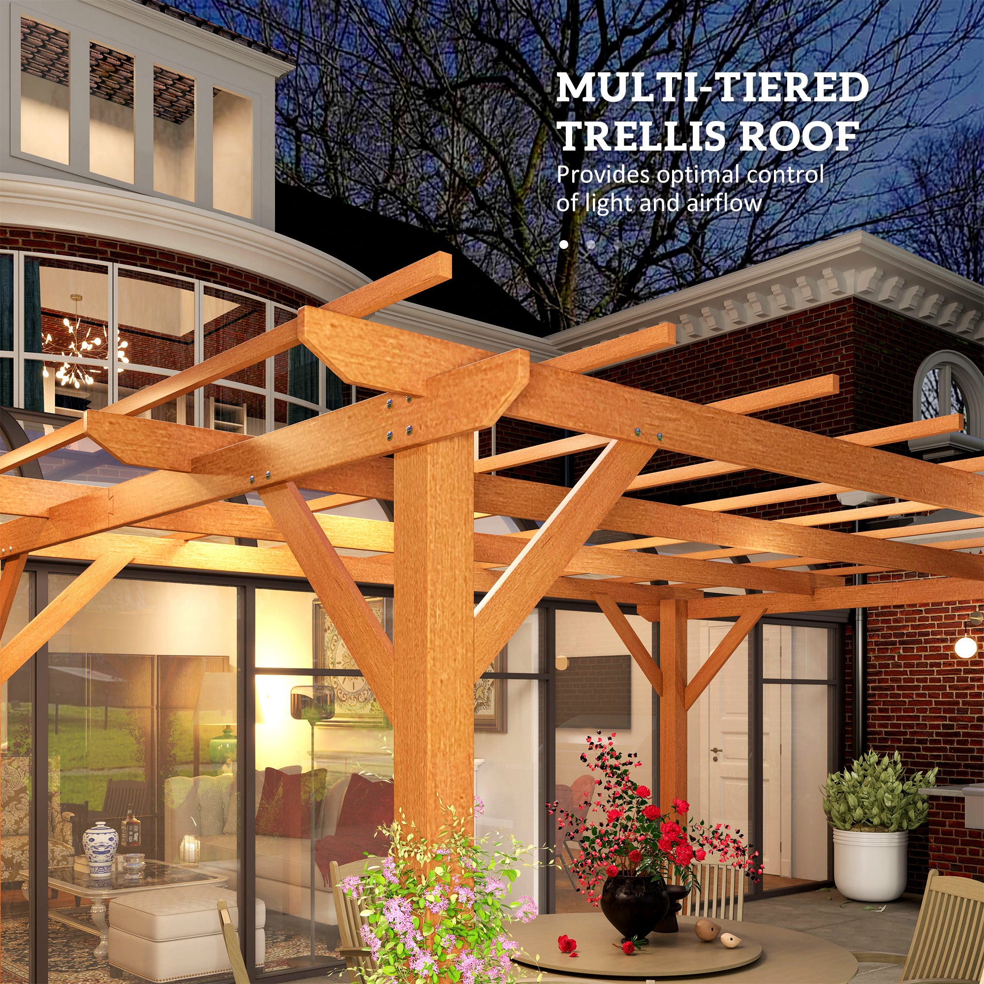10' x 13' Wood Pergola, Outdoor Gazebo Grape Trellis with Stable Structure for Climbing Plant Support, Dark Brown