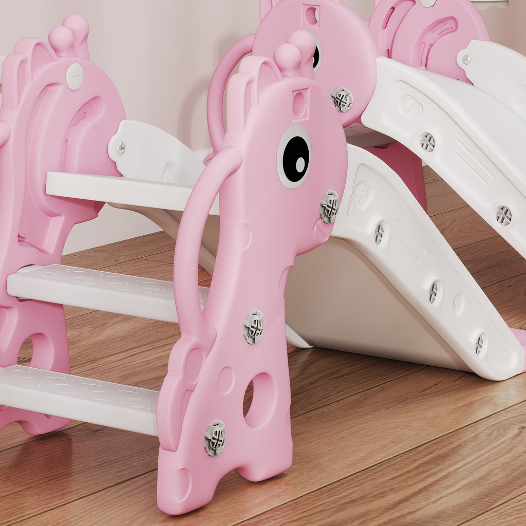 3-in-1 Toddler Slide for Age 1-3, Freestanding Kids Slide with Climber, Basketball Hoop and Ball, Giraffe Design, Pink