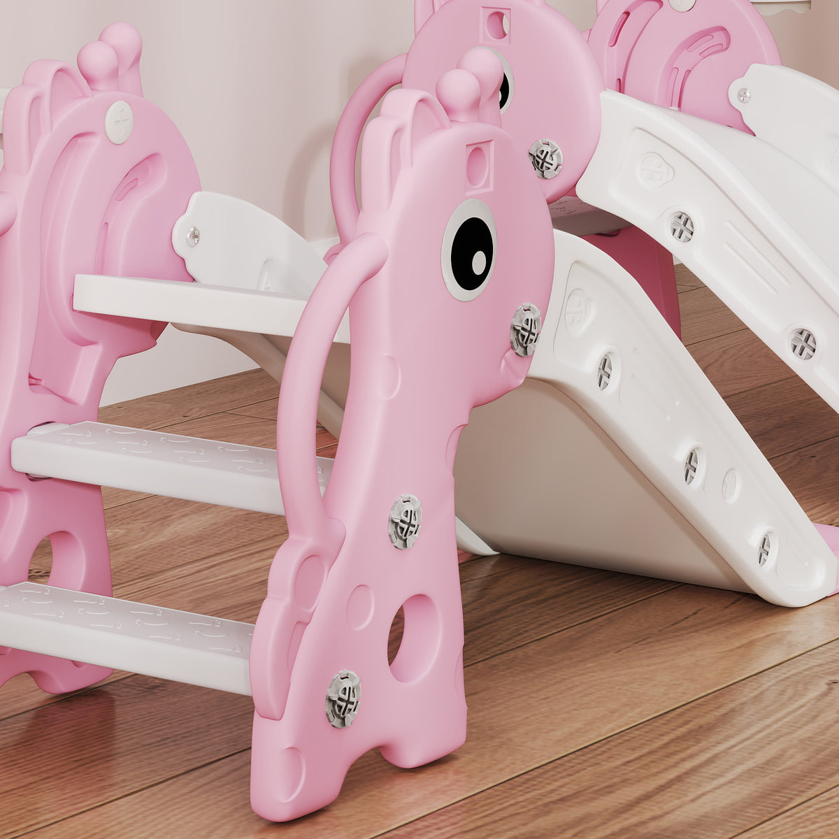 3-in-1 Toddler Slide for Age 1-3, Freestanding Kids Slide with Climber, Basketball Hoop and Ball, Giraffe Design, Pink