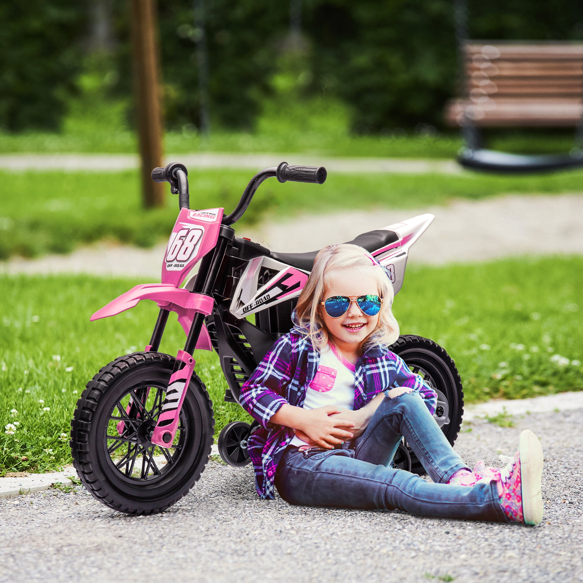 12V Kids Electric Motorcycle w/ Twist Grip Throttle, Training Wheels, Rear Suspension & Music, Pink