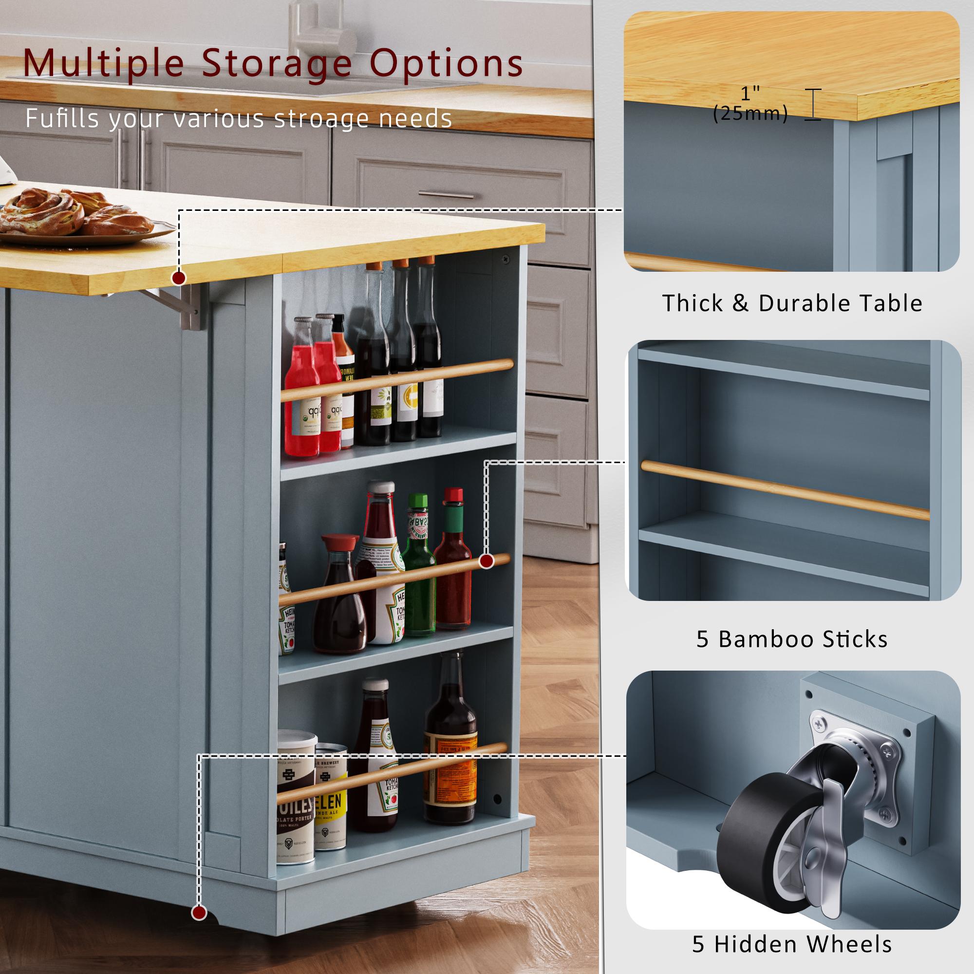 Kitchen Island Cart with Drop Leaf, Power Outlet, Internal Storage Rack, Rolling on 5 Wheels, Adjustable Shelves, and Bamboo Sticks, Gray+Blue