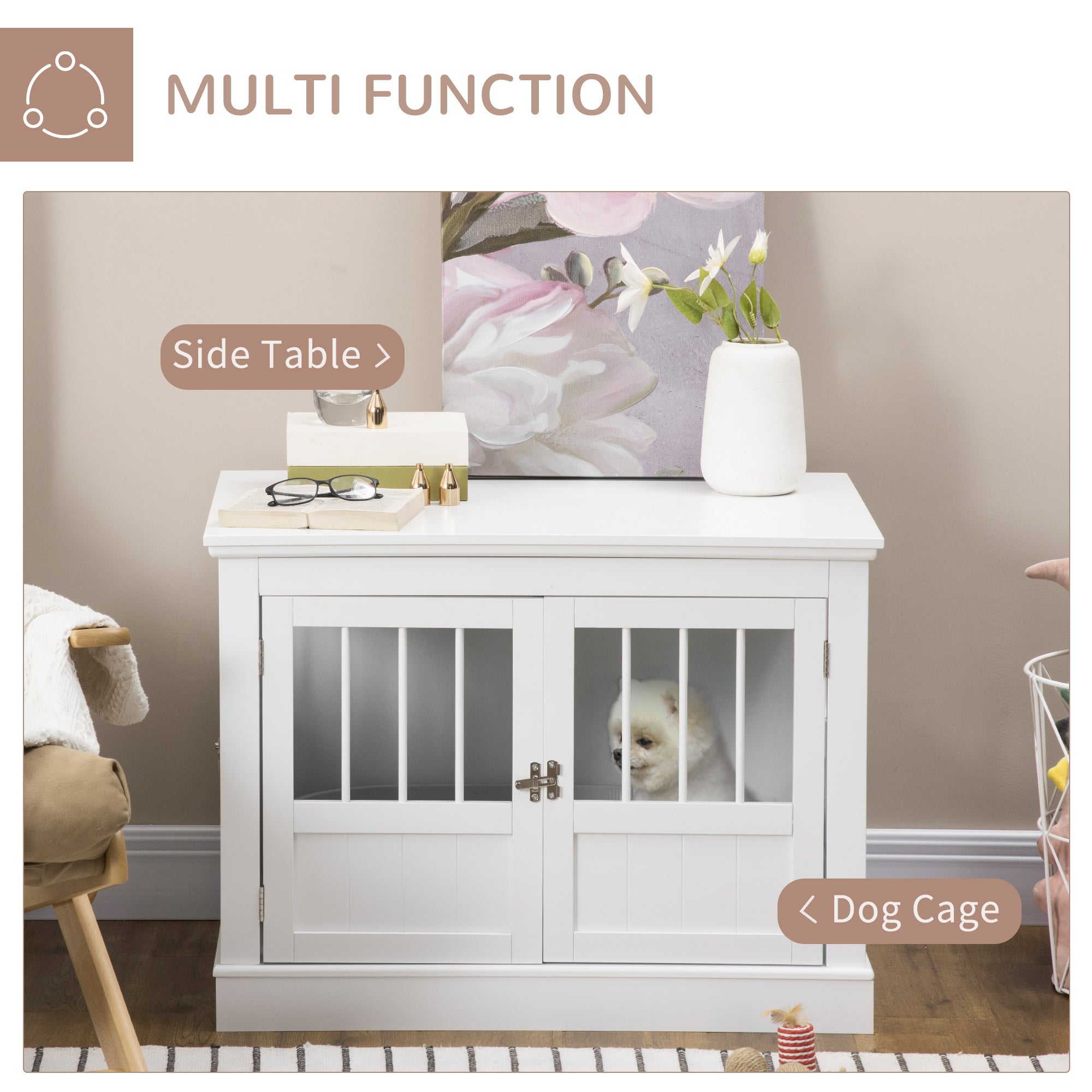 Wooden Dog Crate End Table, Dog Crate Furniture with Triple Doors, Puppy Crate for Small Dogs Indoor Use, White