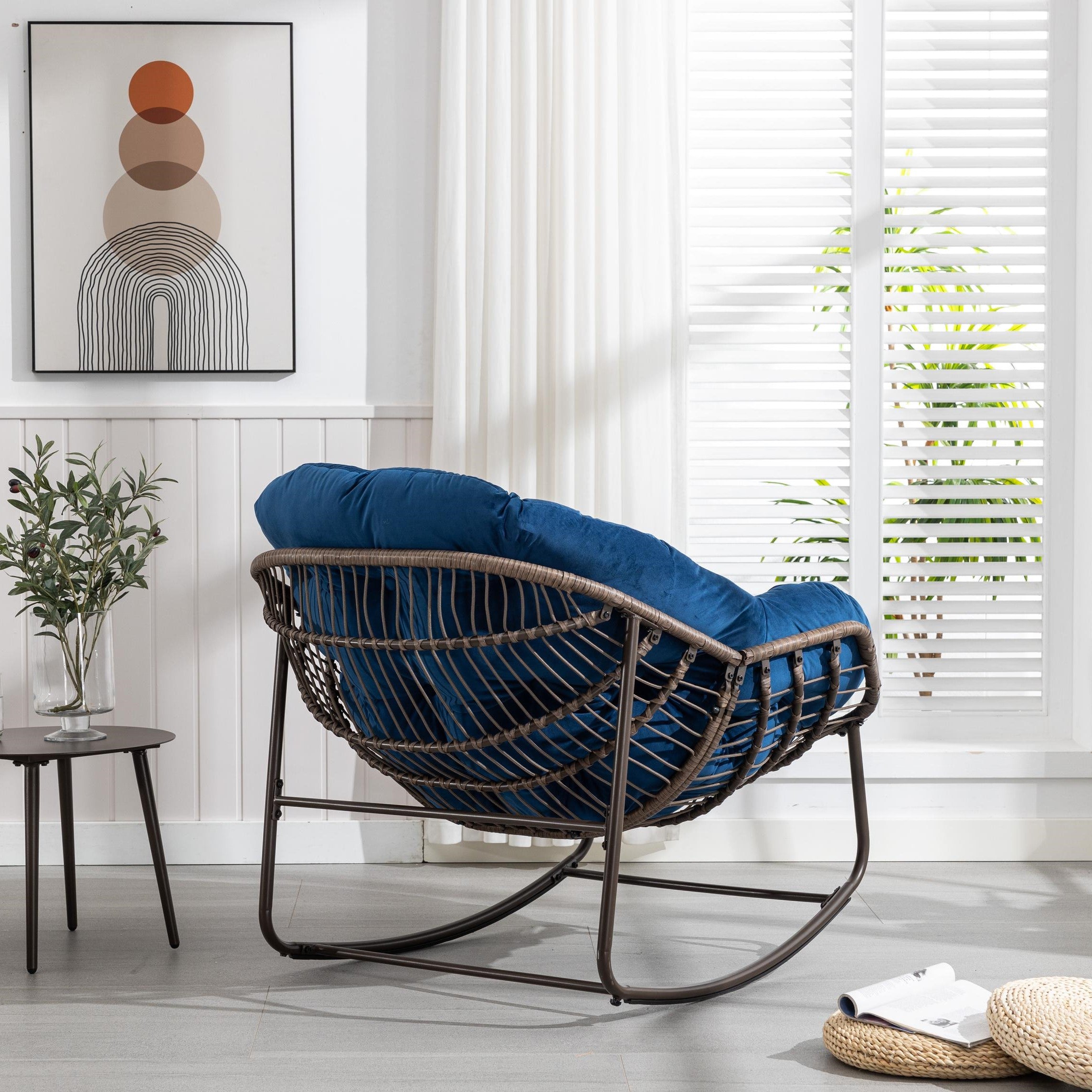 Outdoor Rattan Rocking Chair with Padded Cushion, Oversized Recliner for Porch, Patio, Garden, Steel Frame, 44" L x 37" W x 31.5" H, Navy Blue