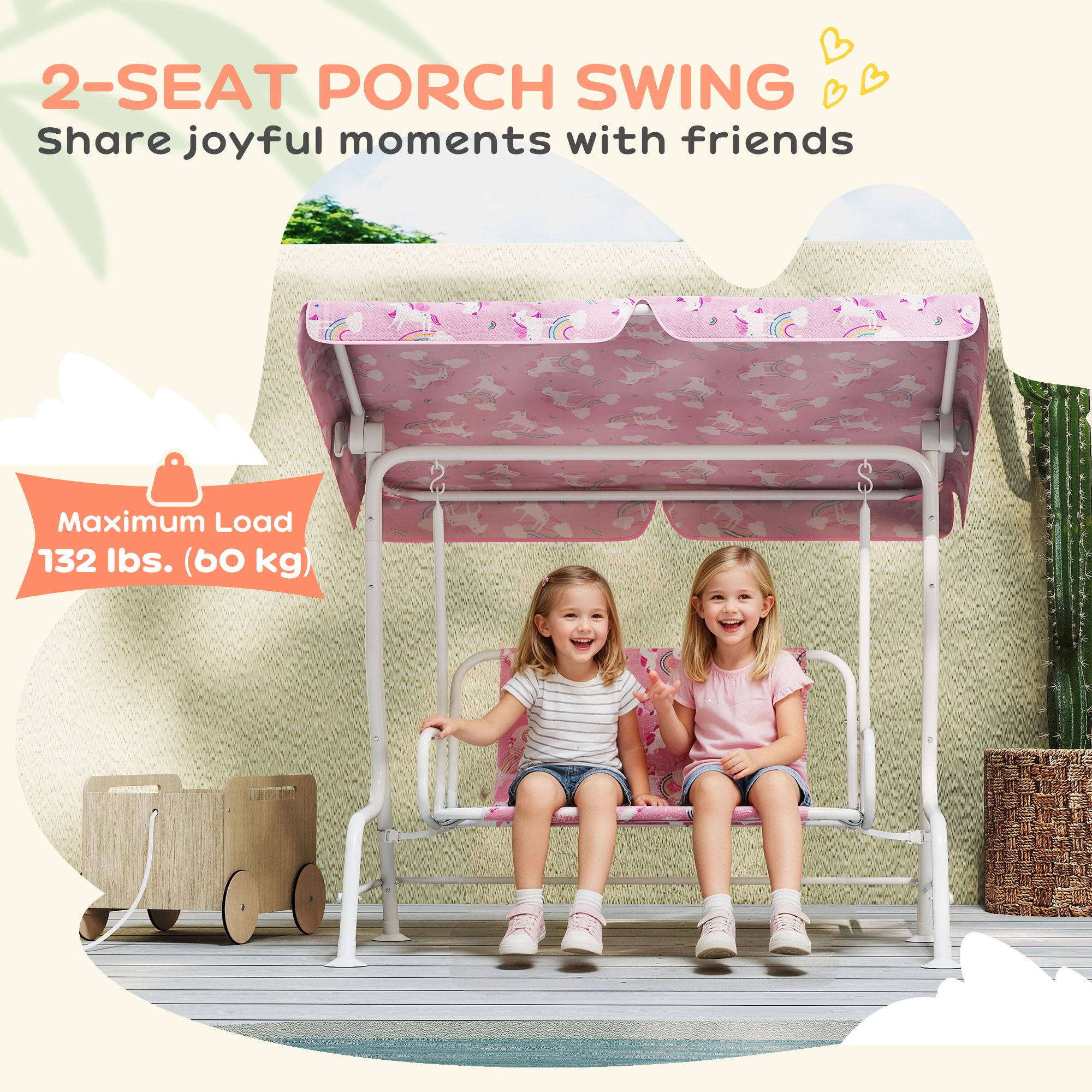 Kids Porch Swing, 2-Seater Patio Swing Bench with Safety Belts, Adjustable Canopy for Backyard, Garden, Pink