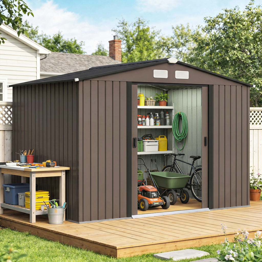 Outdoor Shed Garden Storage Shed Tool Storage Building with 4 Vents and 2 Sliding Doors, 9 x 6 FT, Brown