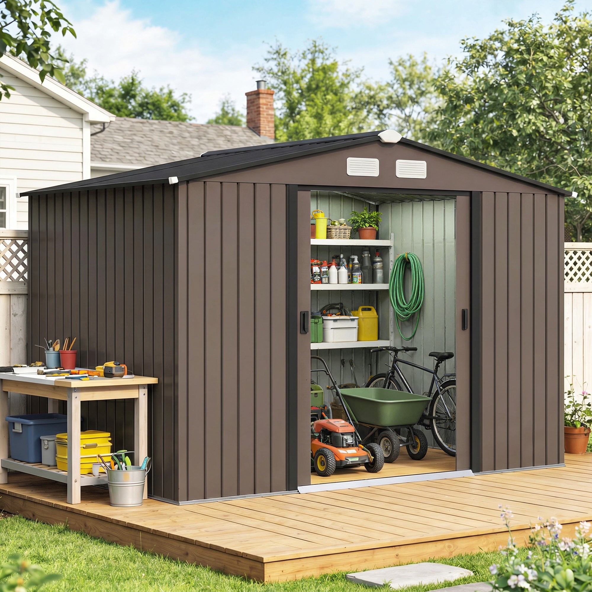 Outdoor Shed Garden Storage Shed Tool Storage Building with 4 Vents and 2 Sliding Doors, 9 x 6 FT, Brown