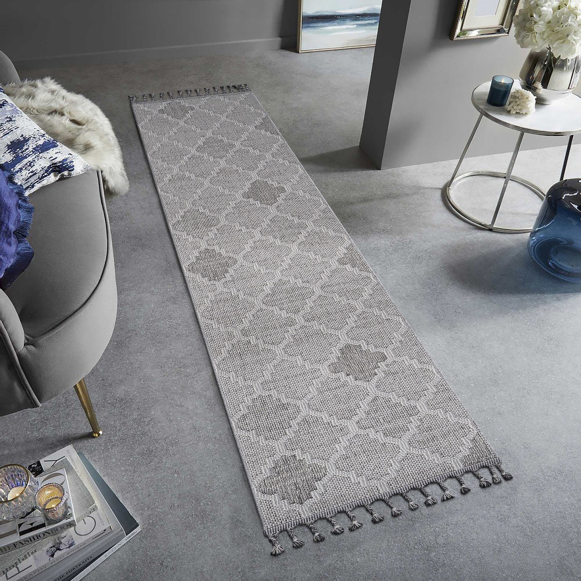 2x8 Stain Resistant Geometric Indoor Outdoor Area Rug, Kid and Pet-Friendly Non-Shedding Carpet, 96" L x 26" W x 0.3" H, White+Gray