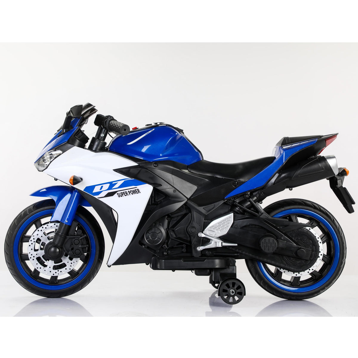 12V Kids Electric Ride-On Motorcycle with Training Wheels and Headlight, Motorbike with MP3 and Light-Up Wheels, 46" L x 20" W x 26" H, Blue