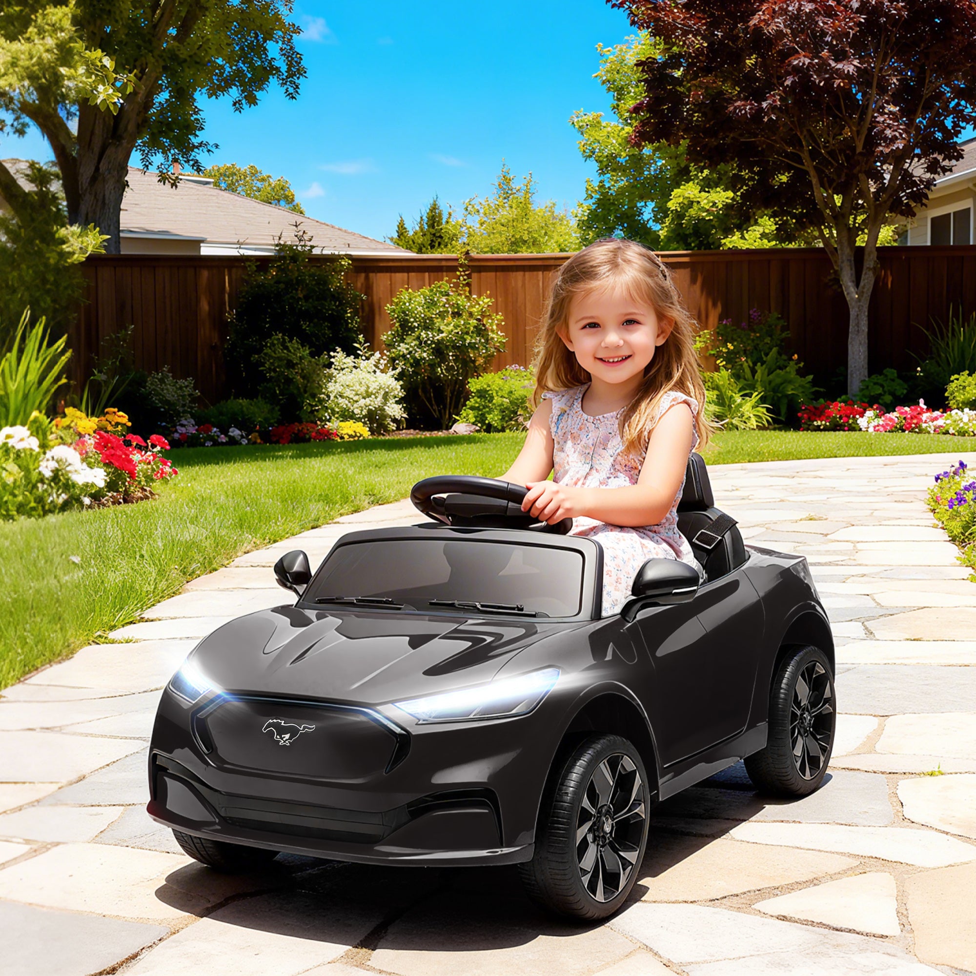 12V Kids Ride On Car, Licensed Mach-E Electric Car with Remote Control, LED Light, Music, Black