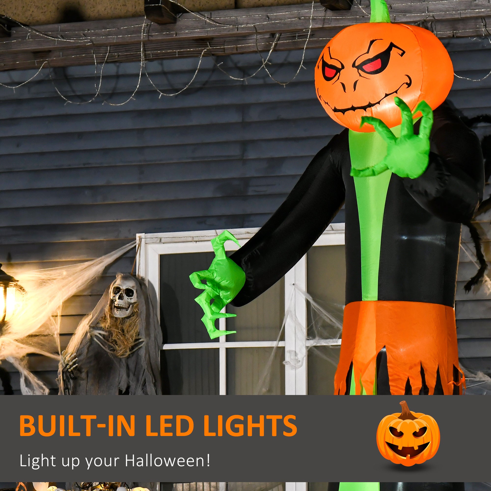 9' Halloween Inflatables Outdoor Decorations Pumpkin Head Ghost, Blow Up LED Yard Decor for Garden, Lawn, Party, Holiday, Waterproof