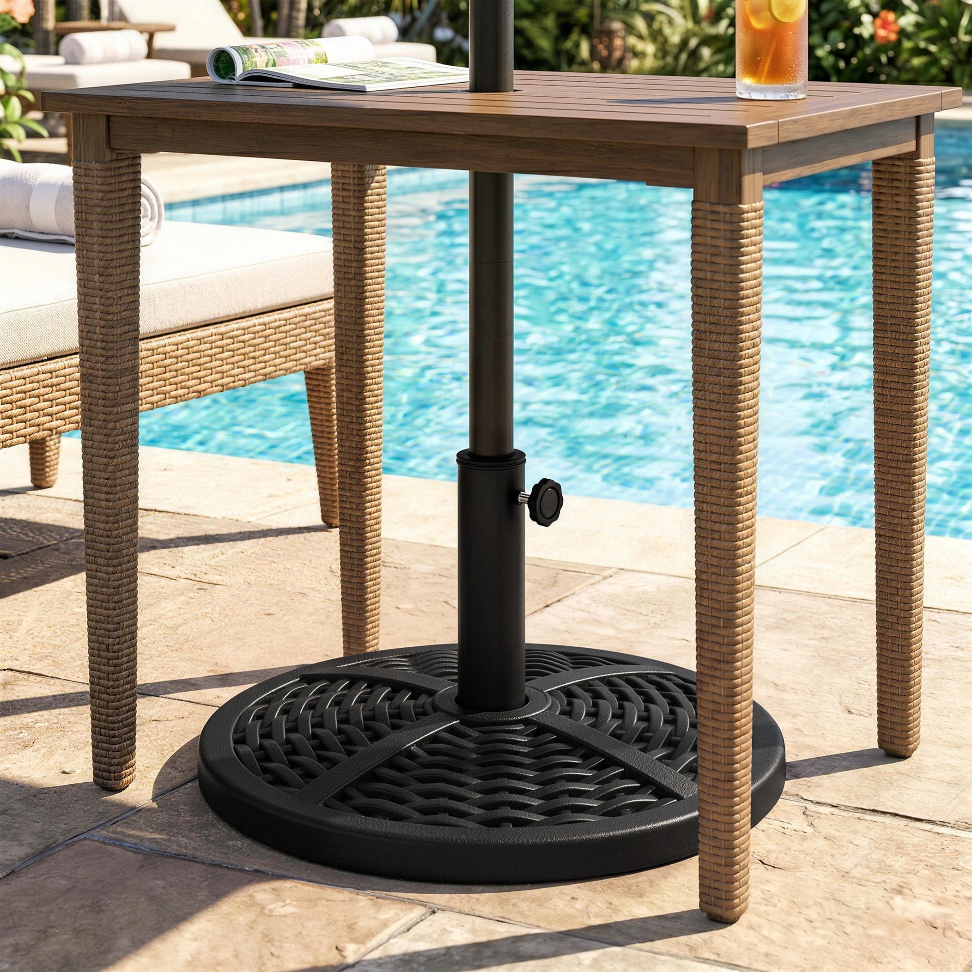 30 lbs. Market Umbrella Base Holder 18" Heavy Duty Round Parasol Stand with Rattan Design for Patio, Black