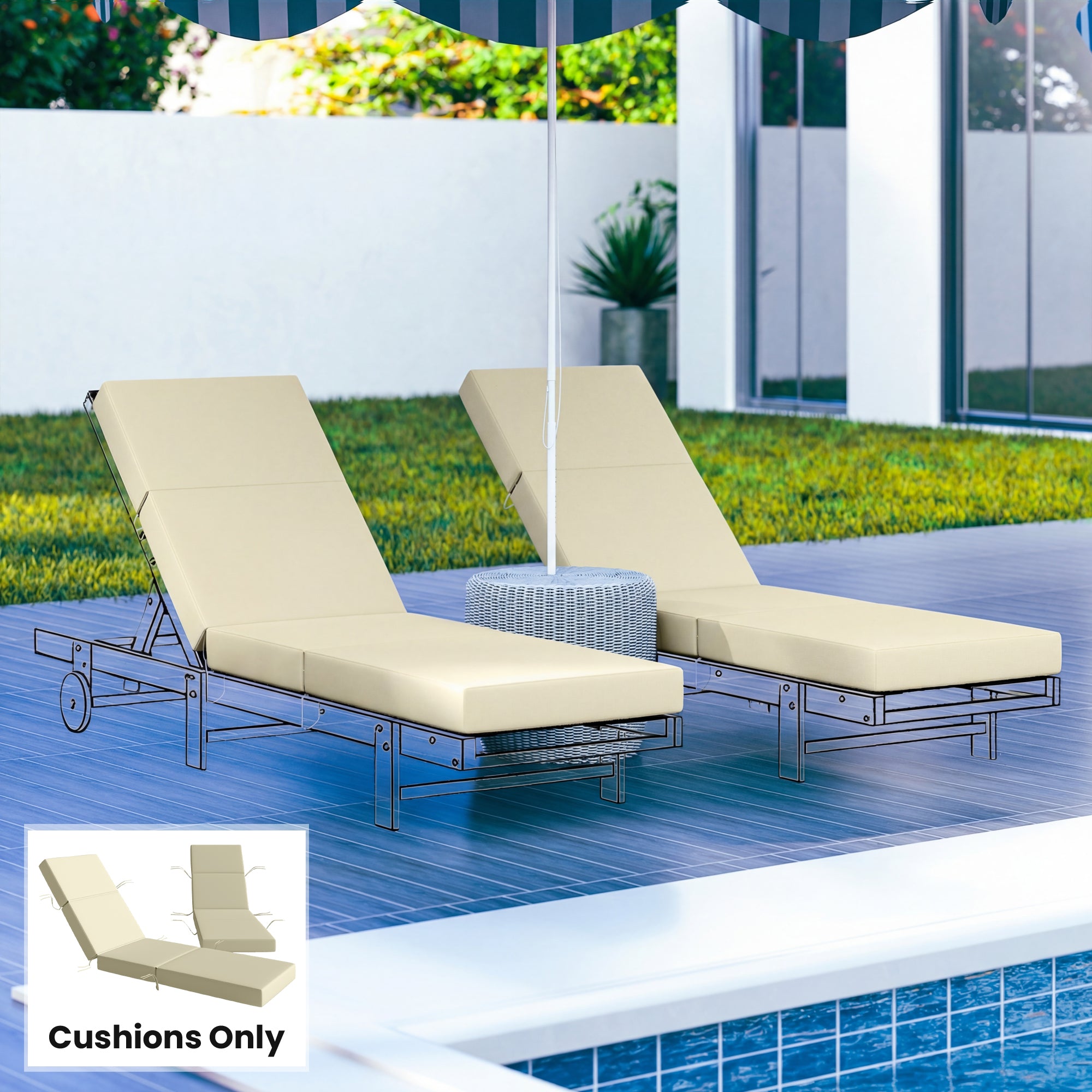 Set of 2 Chaise Lounge Cushion, 4" Thick Outdoor Lounge Chair Cushions with Ties for Patio, 21" x 72", Cream White