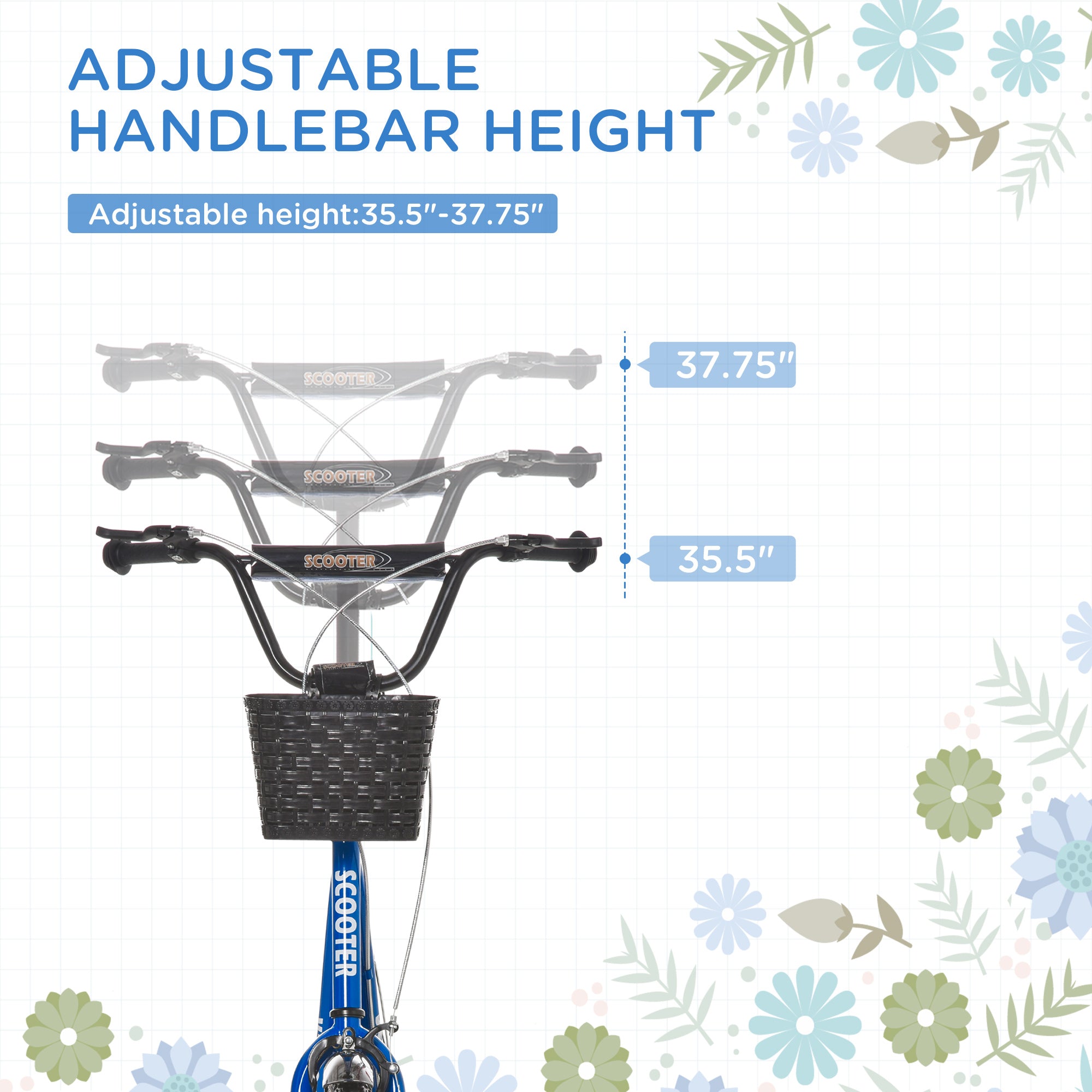 Youth Scooter, Kick Scooter with Adjustable Handlebars, Double Brakes, 16" Inflatable Rubber Tires, Basket, Cupholder, Blue