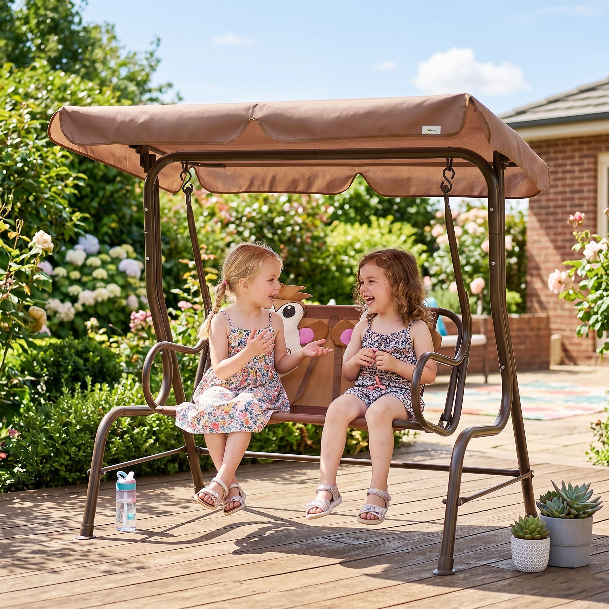 Kids Patio Swing, 2-Seater Outdoor Swing Chair with Adjustable Canopy and Safety Belt, Monkey Pattern Hanging Swing Bench for Garden or Backyard, Coffee