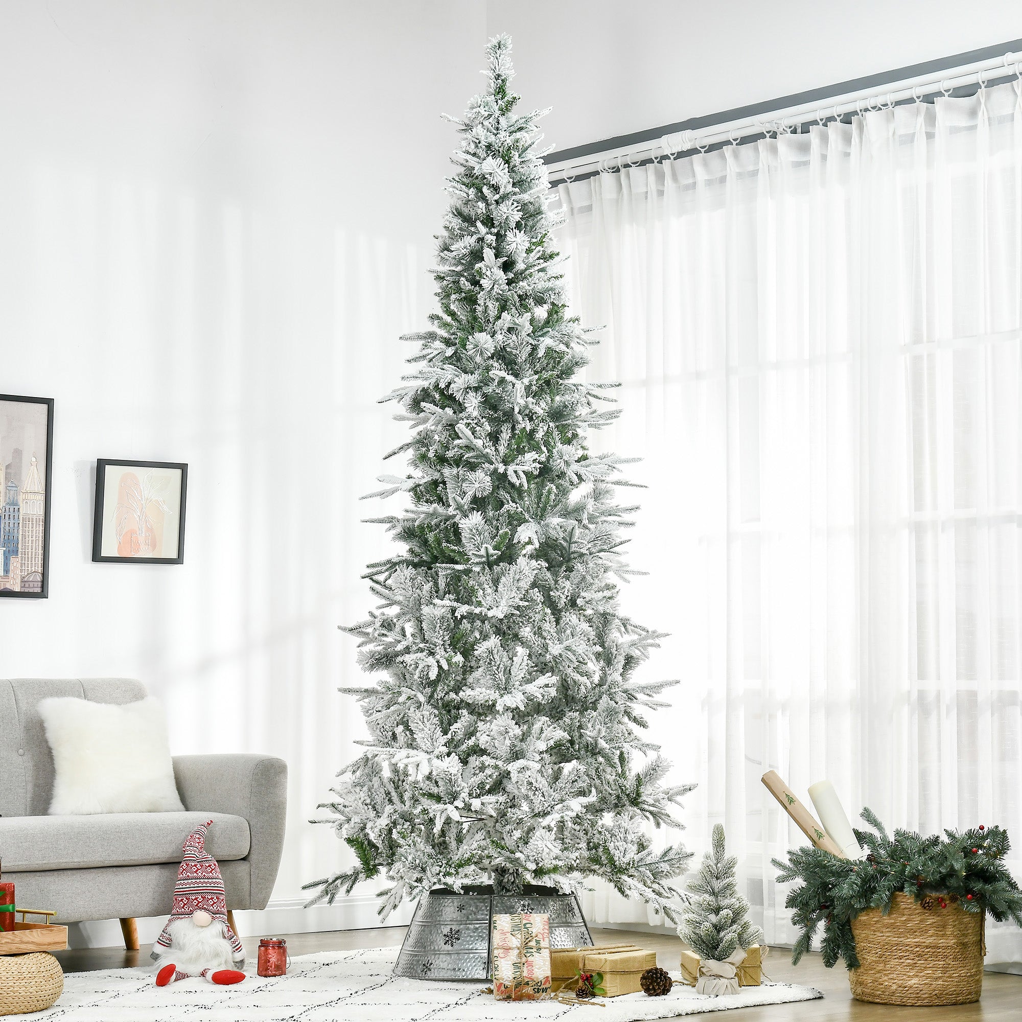9' Unlit Snow Flocked Pine Artificial Christmas Tree with Realistic Branches and 1159 Tips, Green