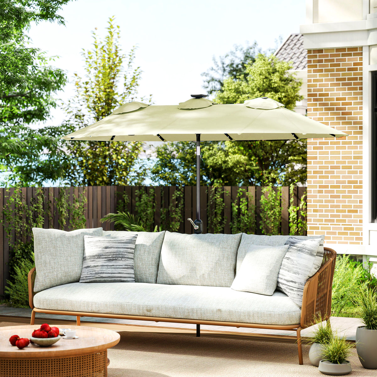 Double-sided Patio Umbrella, 9.7' Outdoor Umbrella with Tilt and Crank, LED Solar Light and 12 Ribs, Cream White