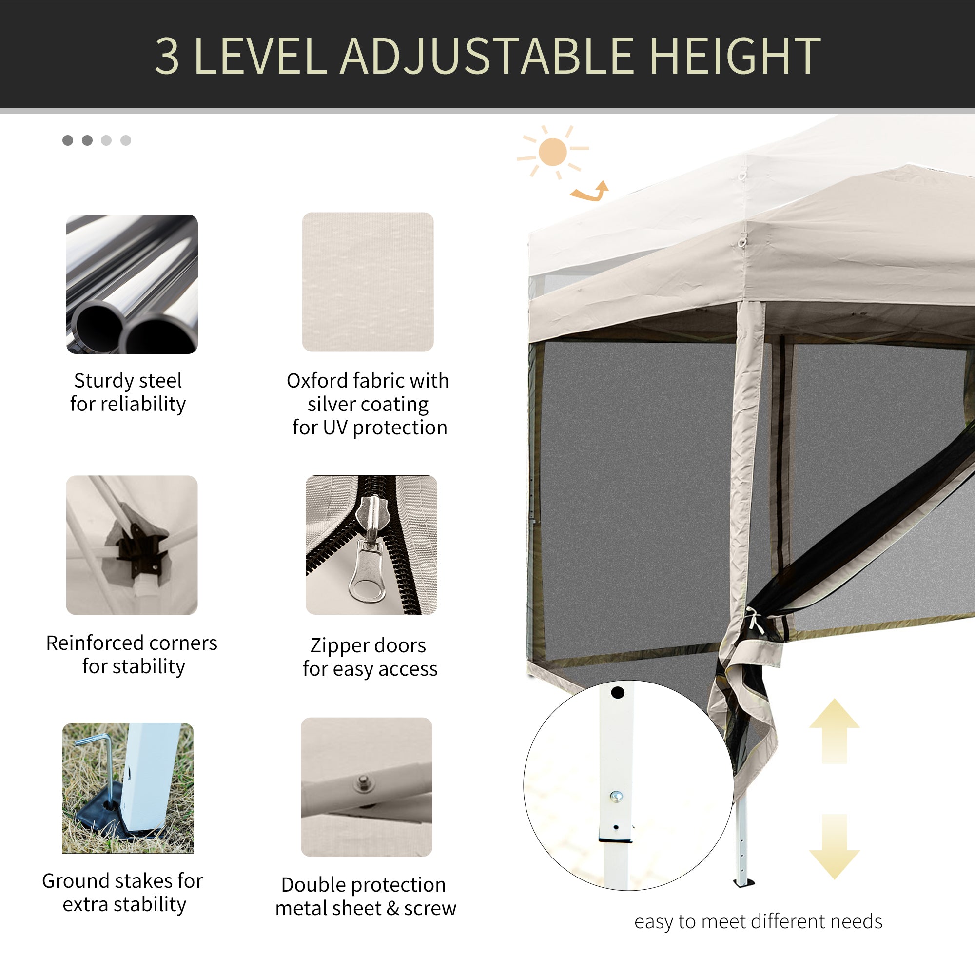 210D Oxford 10' x 10' Pop Up Canopy Tent with Netting, Instant Screen Room House, Tents for Parties, Height Adjustable, with Carry Bag, for Outdoor, Garden, Patio