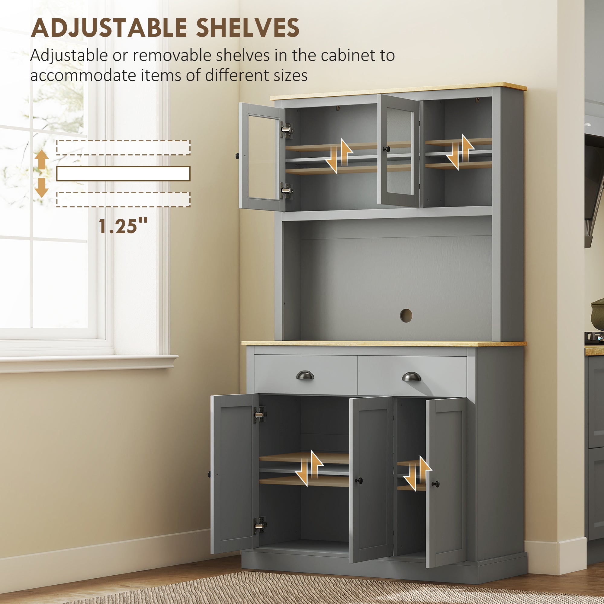 Freestanding Kitchen Cabinet, 71" Tall Pantry Cabinet, Modern Hutch with Wide Countertop, Adjustable Shelves, Gray