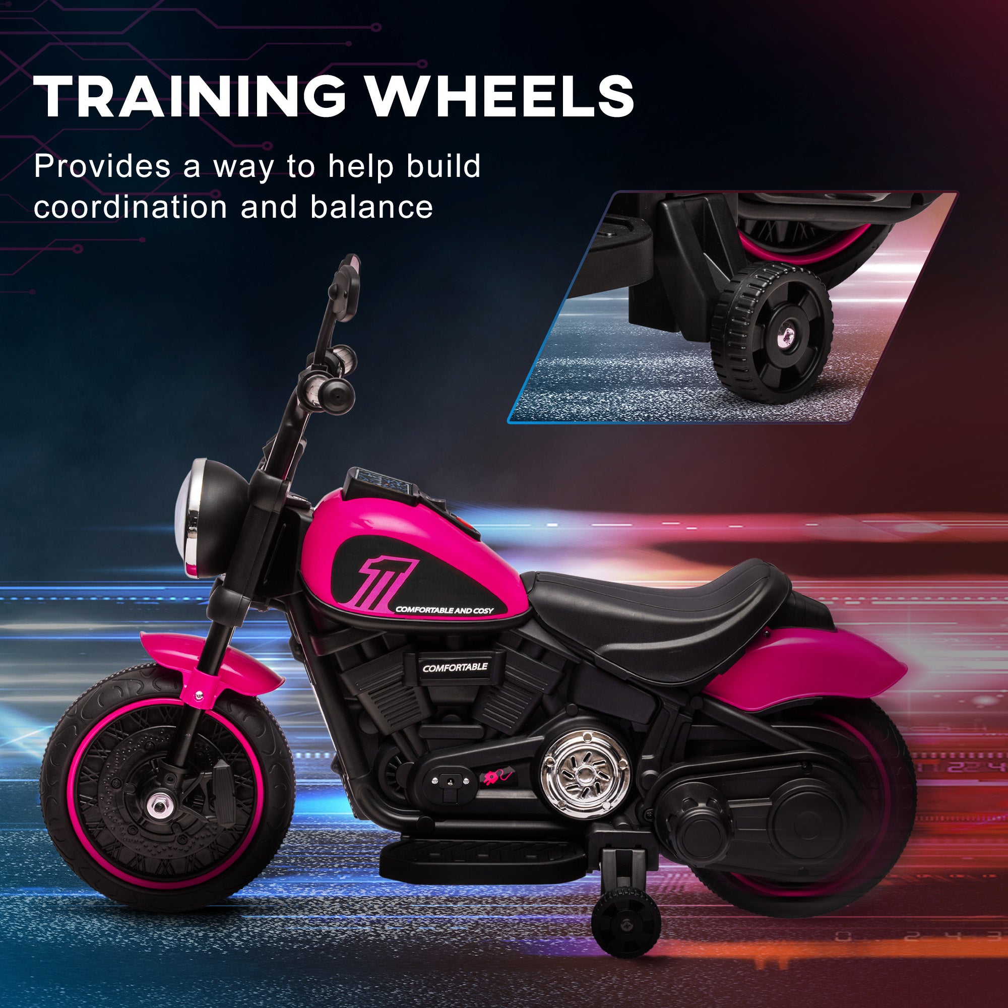 6V Kids Motorcycle w/ Training Wheels, Single-Button Start, Pink